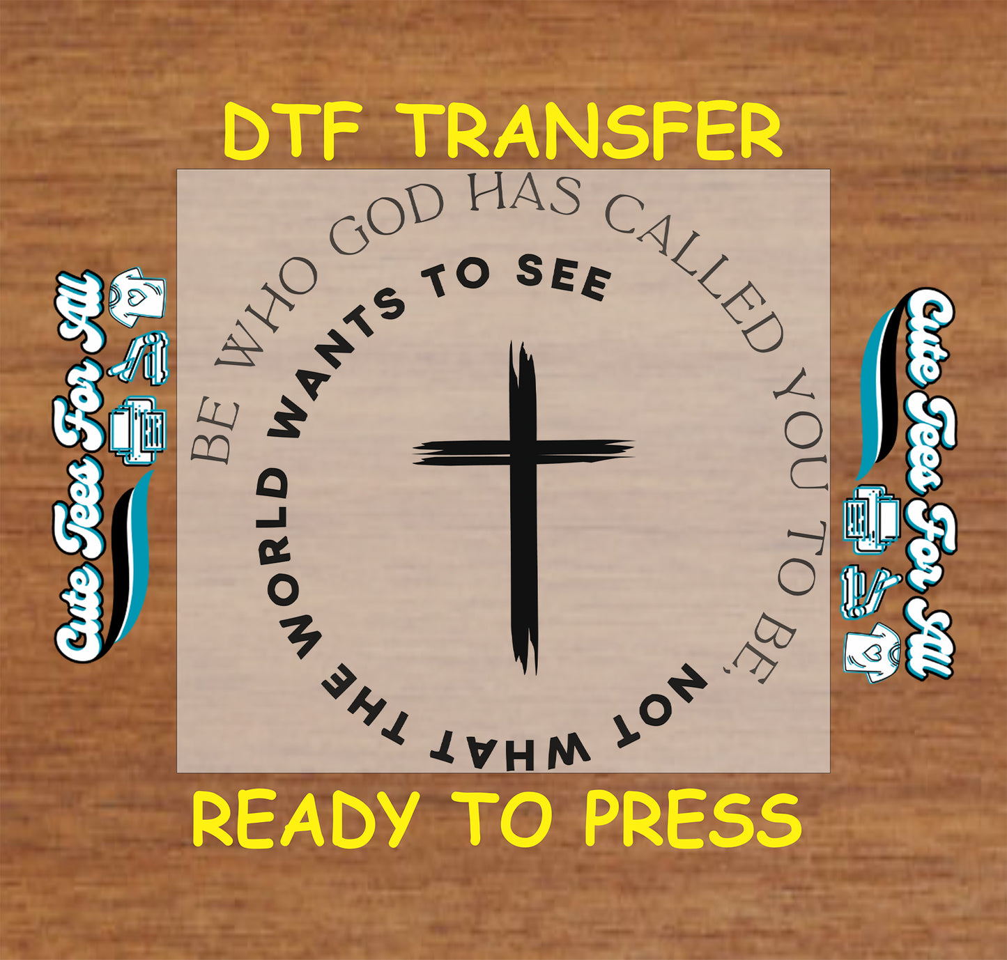 Minimal Christian cross artwork ready to press dtf with circular faith quote typography and inspirational religious message for DIY shirts.