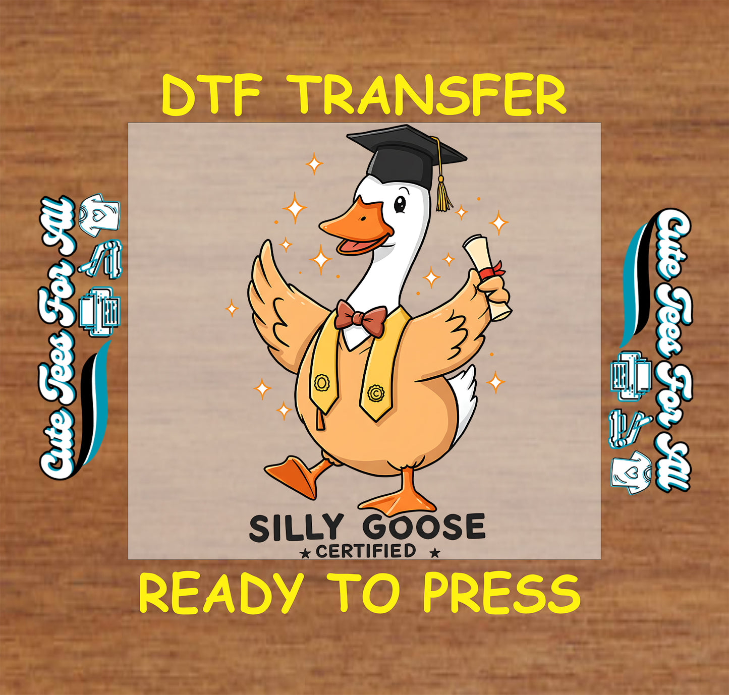 Cute goose graduation artwork ready to press dtf with diploma, graduation cap, bow tie, orange sparkle accents, and funny senior theme for DIY shirts.