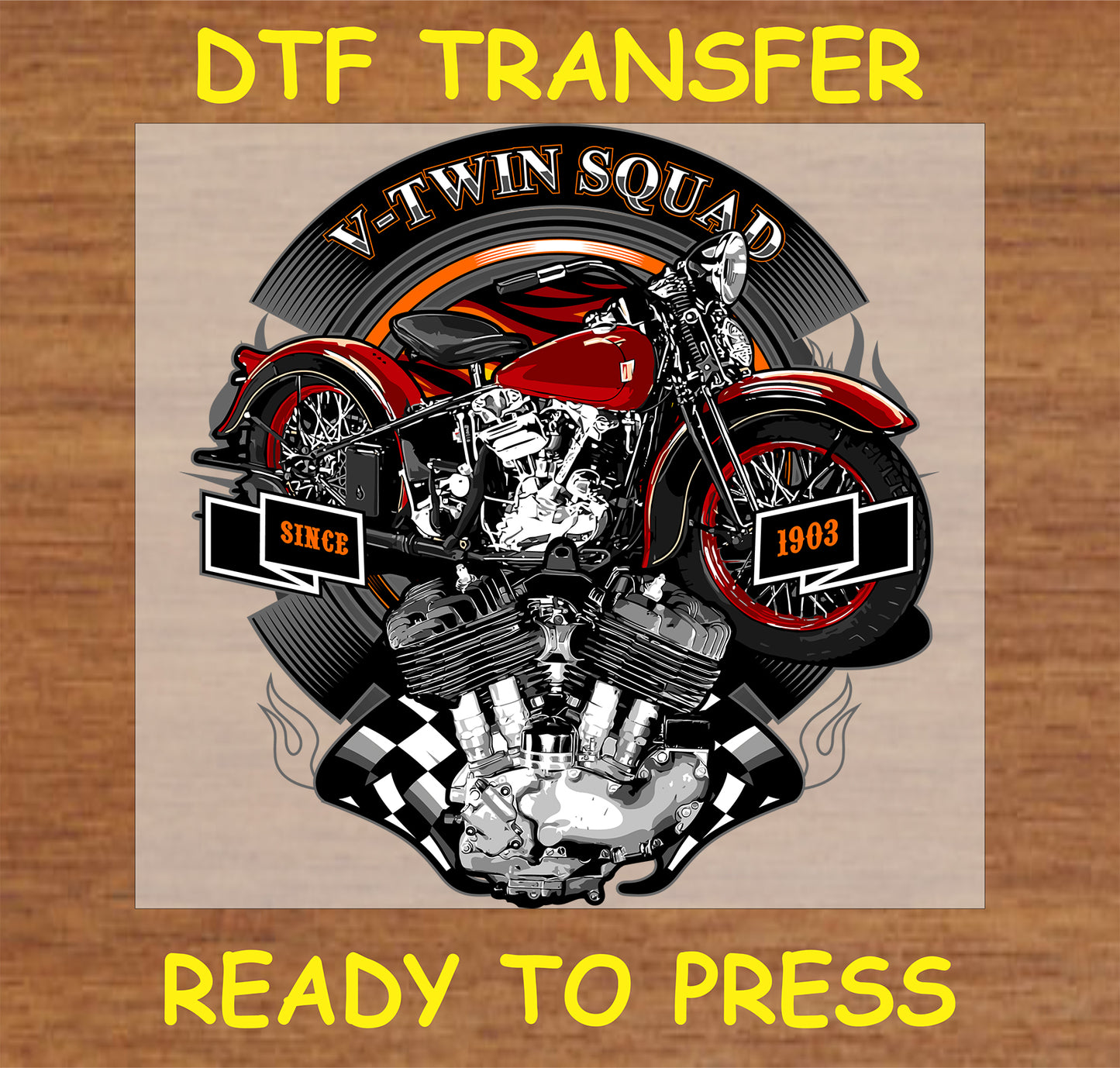 "V-Twin Squad DTF transfer with classic motorcycle and engine design"