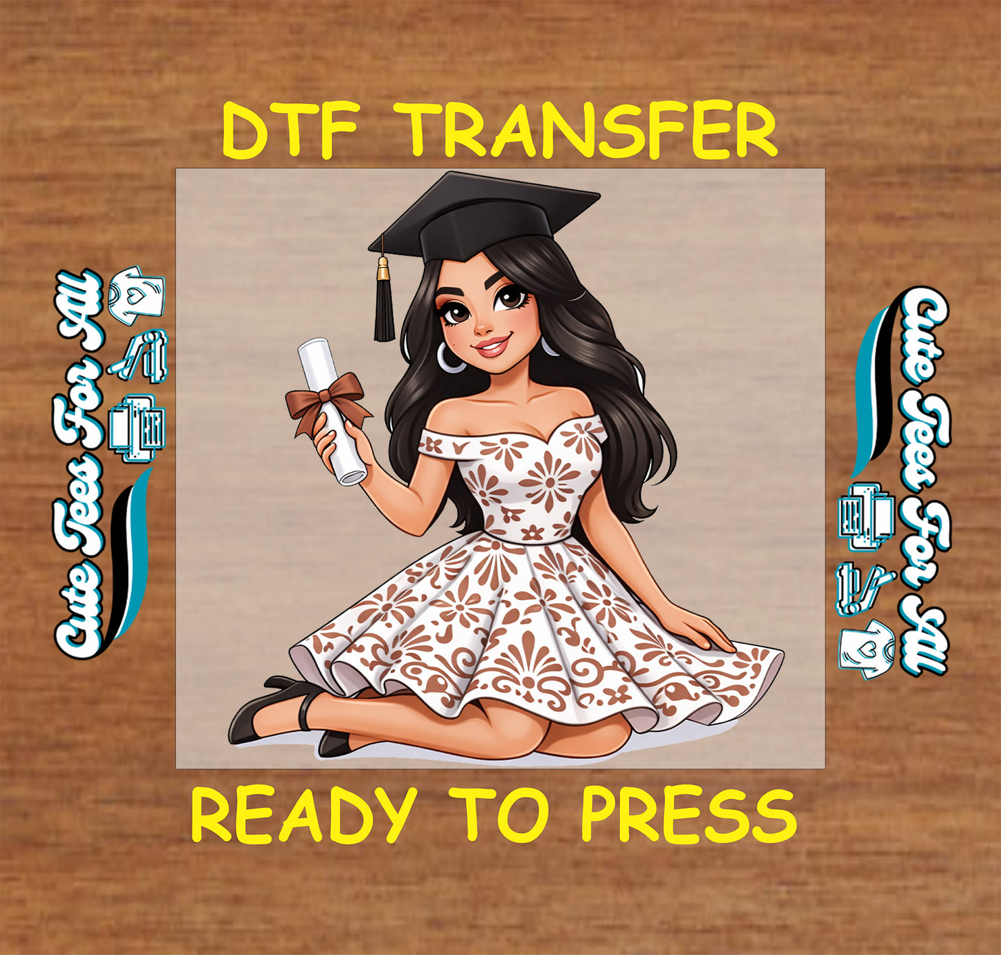 Latina graduation ready to press dtf artwork showing a cartoon graduate girl holding a diploma, wearing a black graduation cap and white floral dress.
