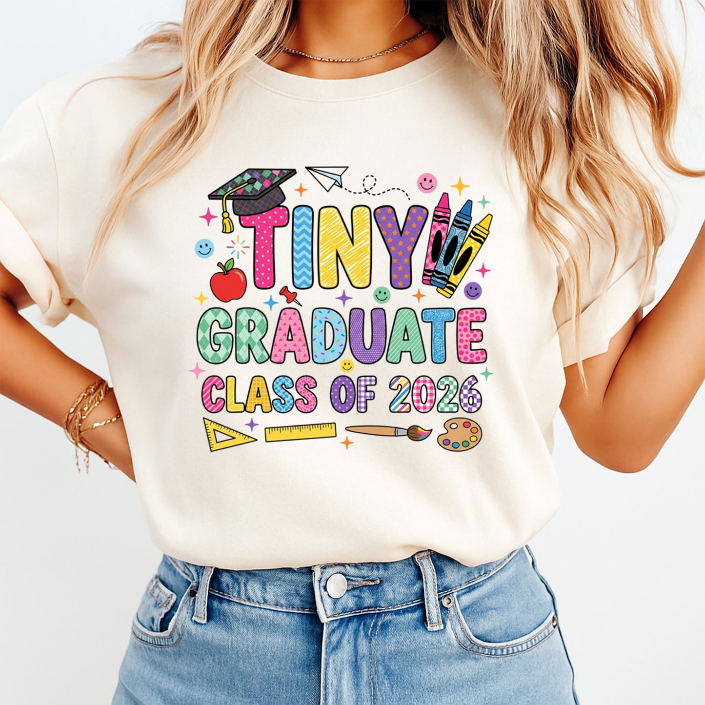 Kids graduation shirt mockup with colorful tiny graduate class of 2026 design, ready to press dtf transfer for DIY graduation shirts.