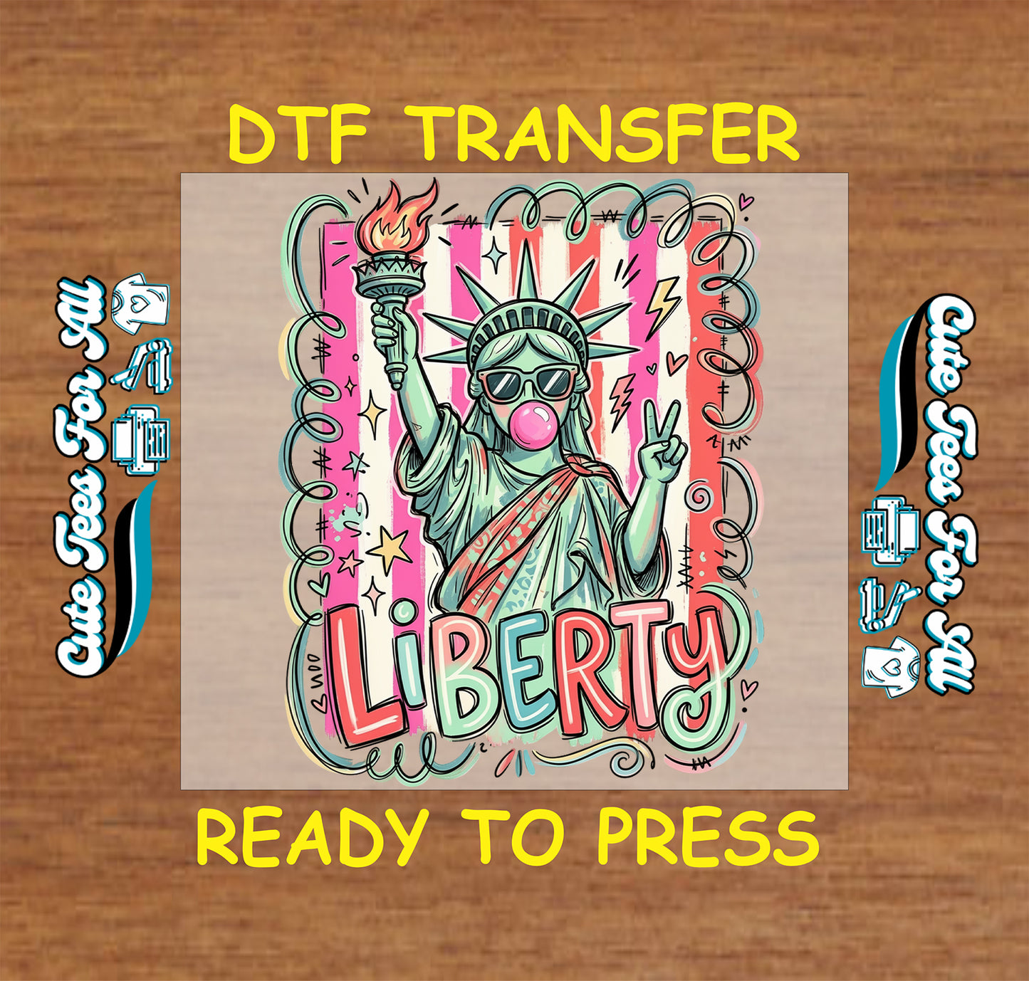 DTF transfer with a stylized Statue of Liberty on a wooden background