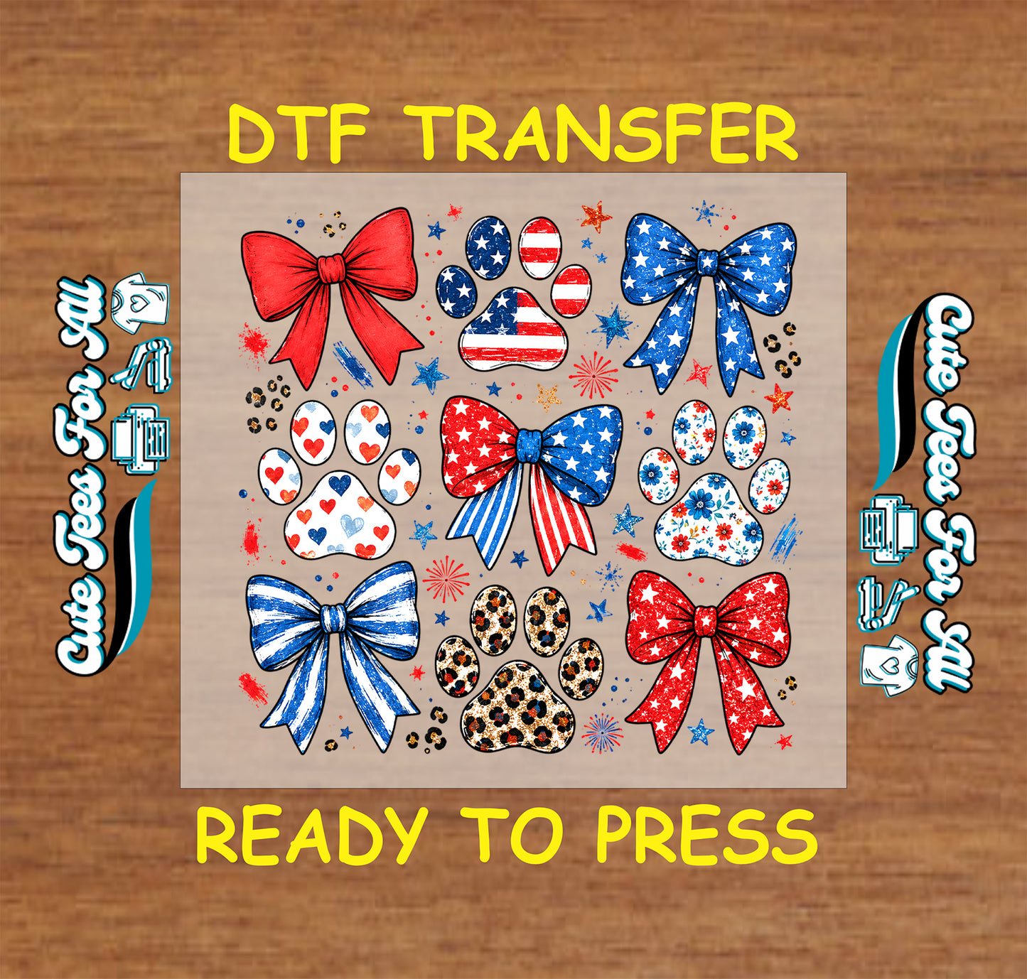 DTF transfer with bows and paw prints on a wooden background