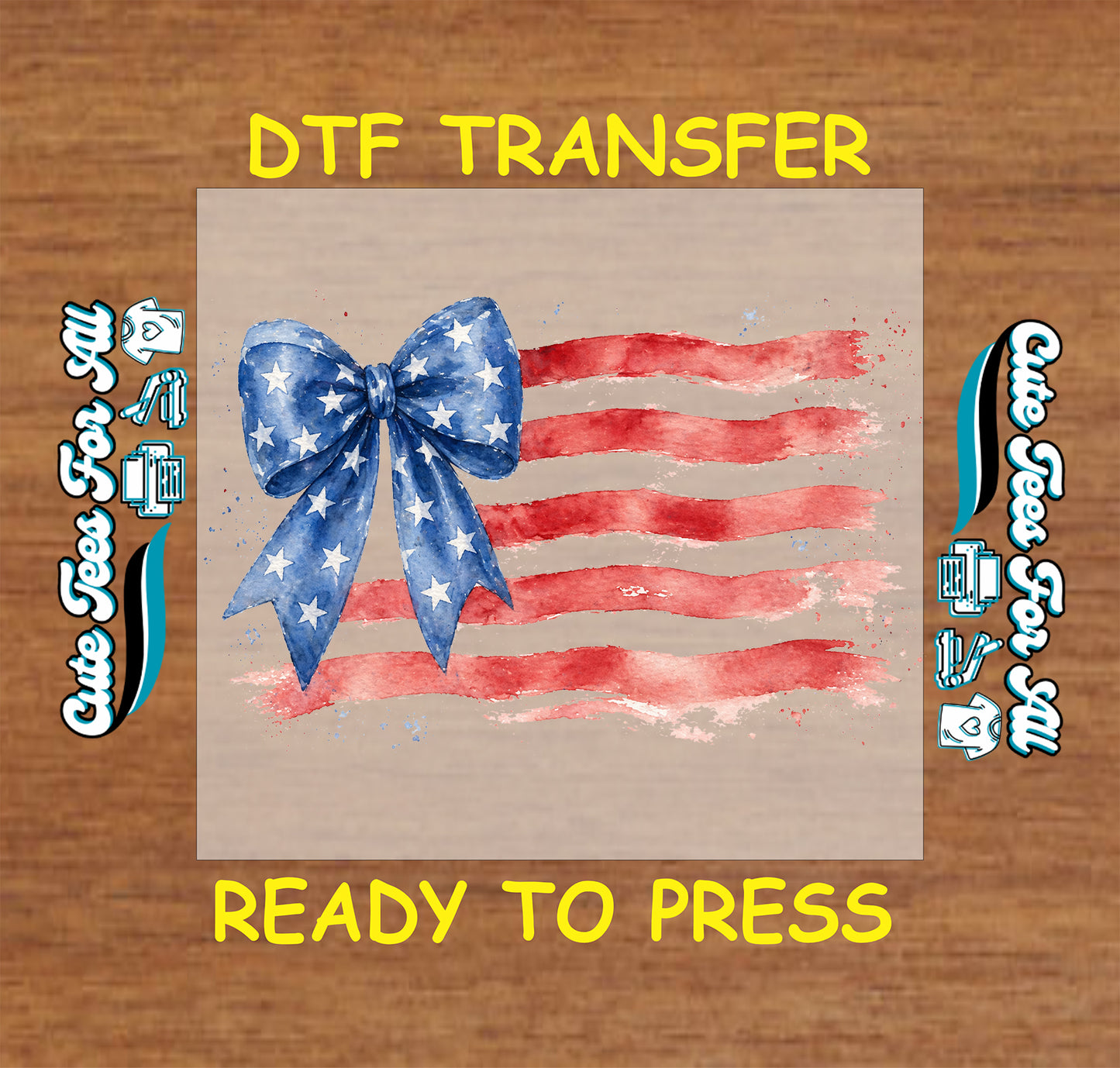 Fourth of July patriotic flag bow DTF transfer with watercolor red stripes, blue star bow, and Americana details