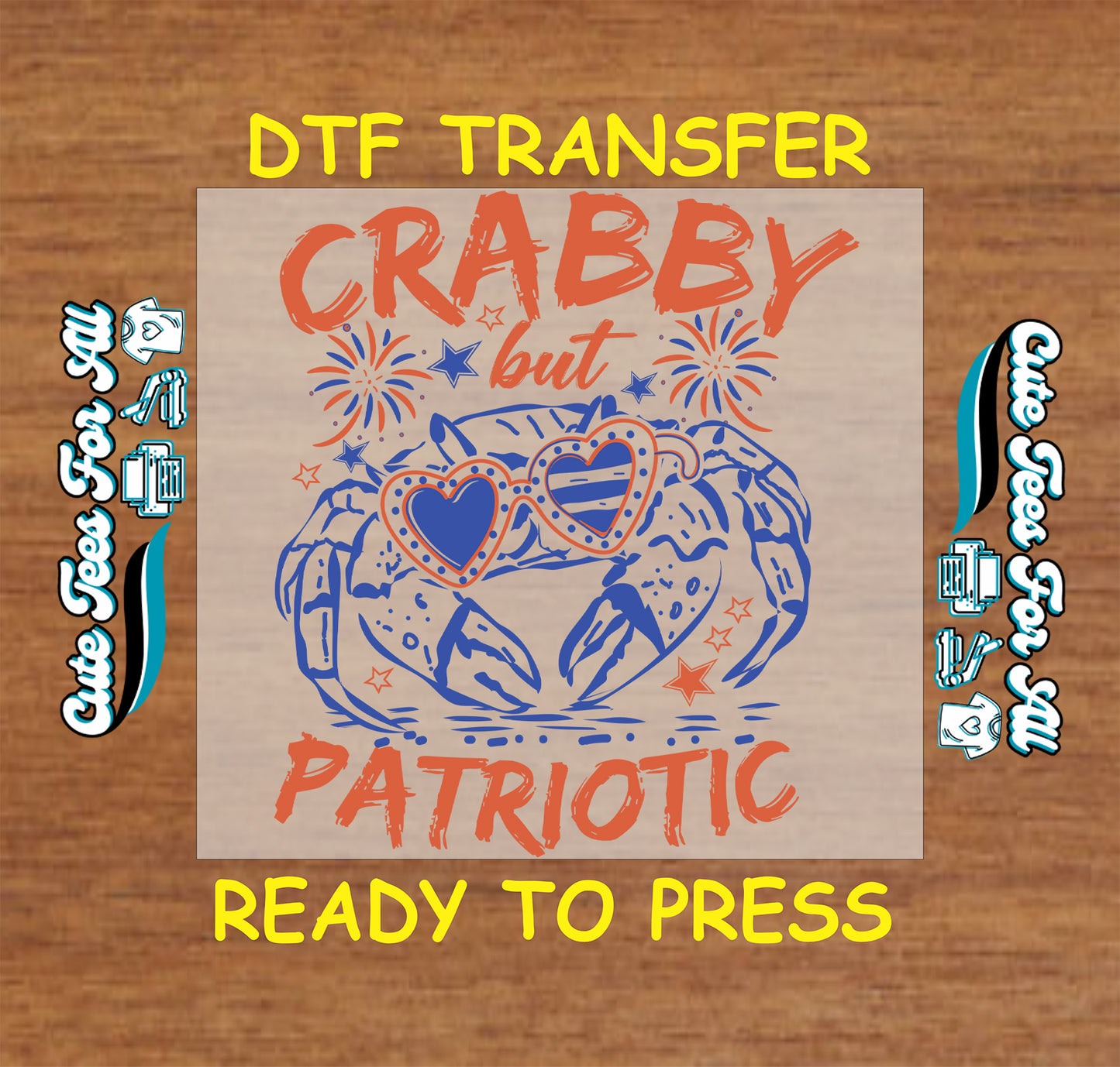DTF transfer with a crab design and text on a wooden background
