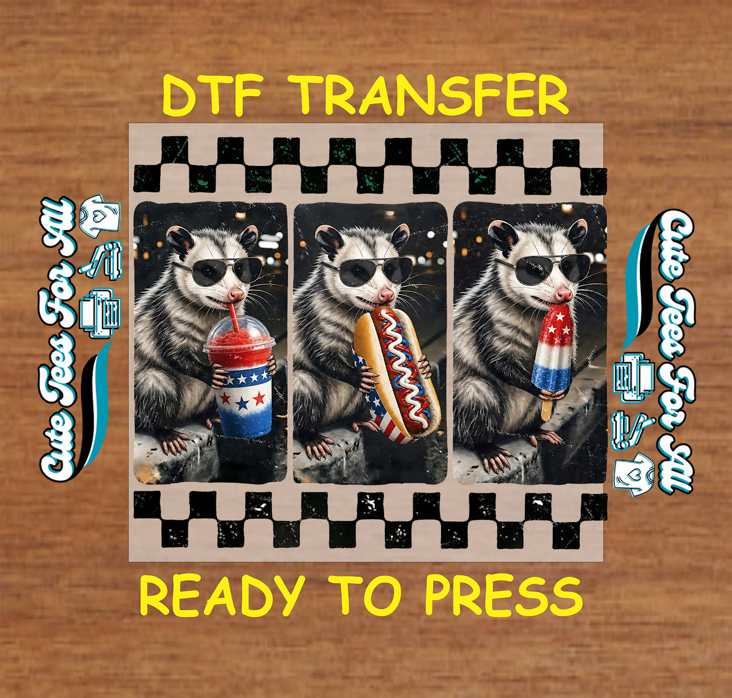 Fourth of July patriotic possum DTF transfer with three possums, sunglasses, checker border, hot dog, drink, popsicle, and red white blue details