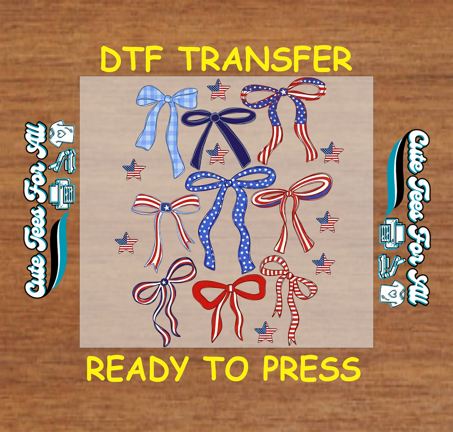 Fourth of July patriotic bows DTF transfer with red white and blue bows, stars, stripes, gingham, and Americana details
