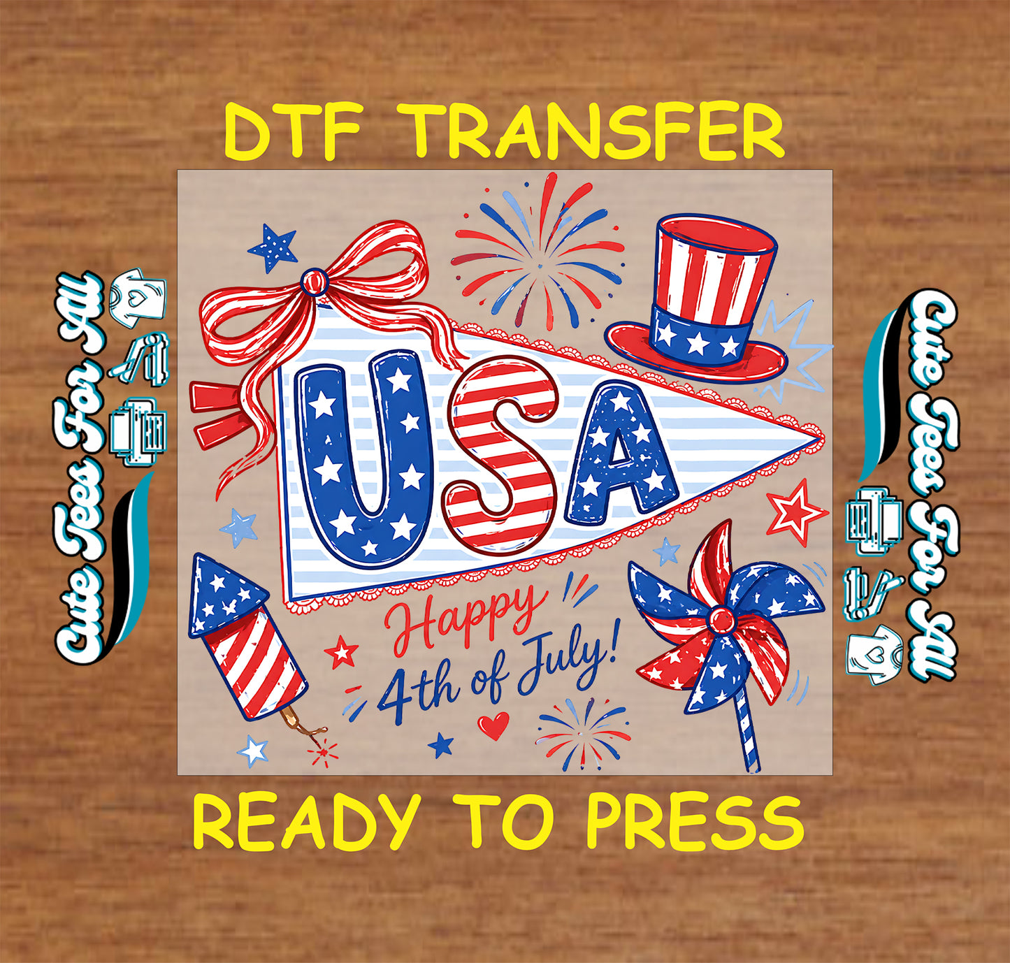 DTF transfer with 'USA' and 4th of July design on a wooden background