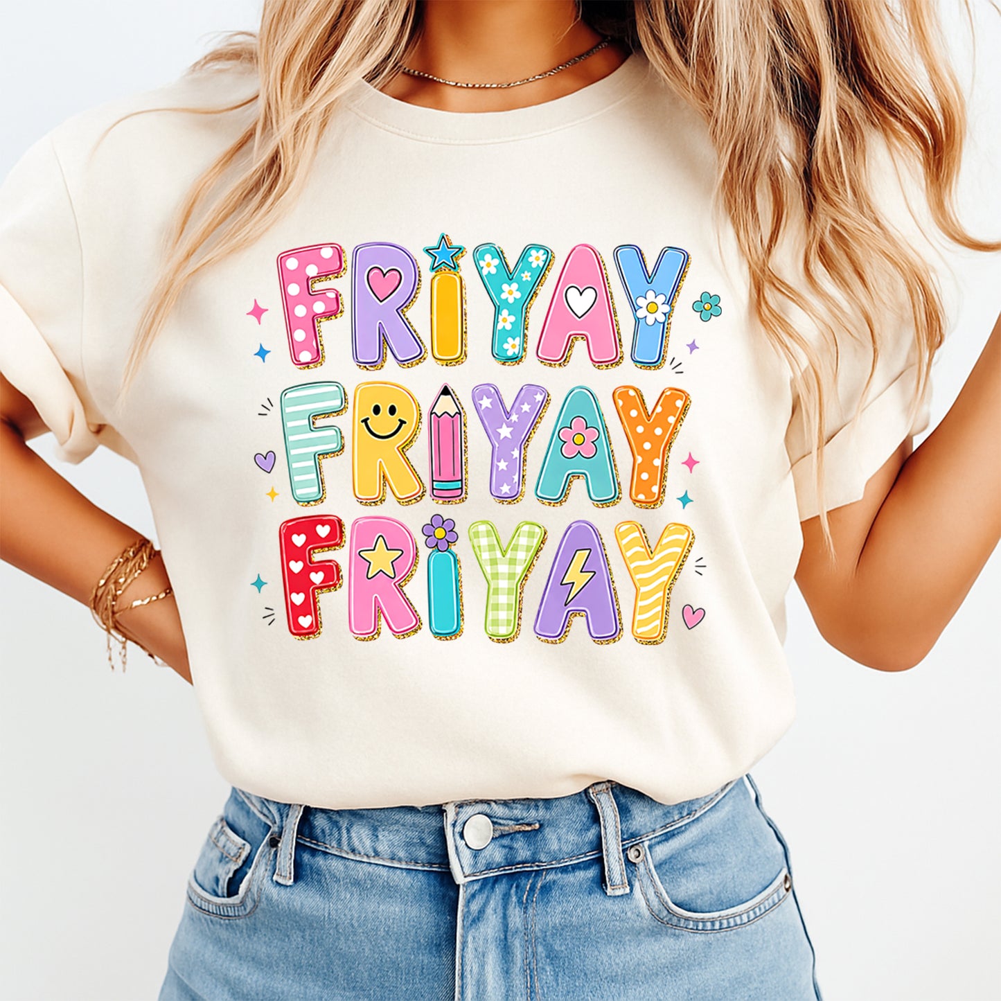 Person wearing a white t-shirt with colorful 'FRIYAY' text design.