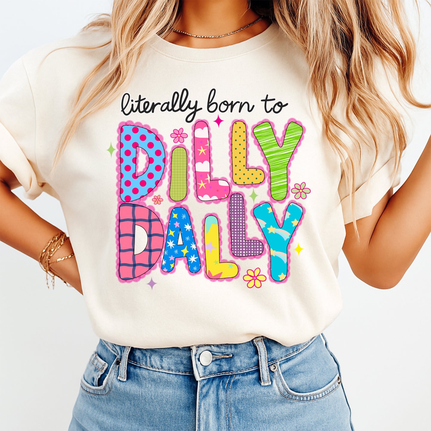 Person wearing a t-shirt with 'Dilly Dally' design and text.
