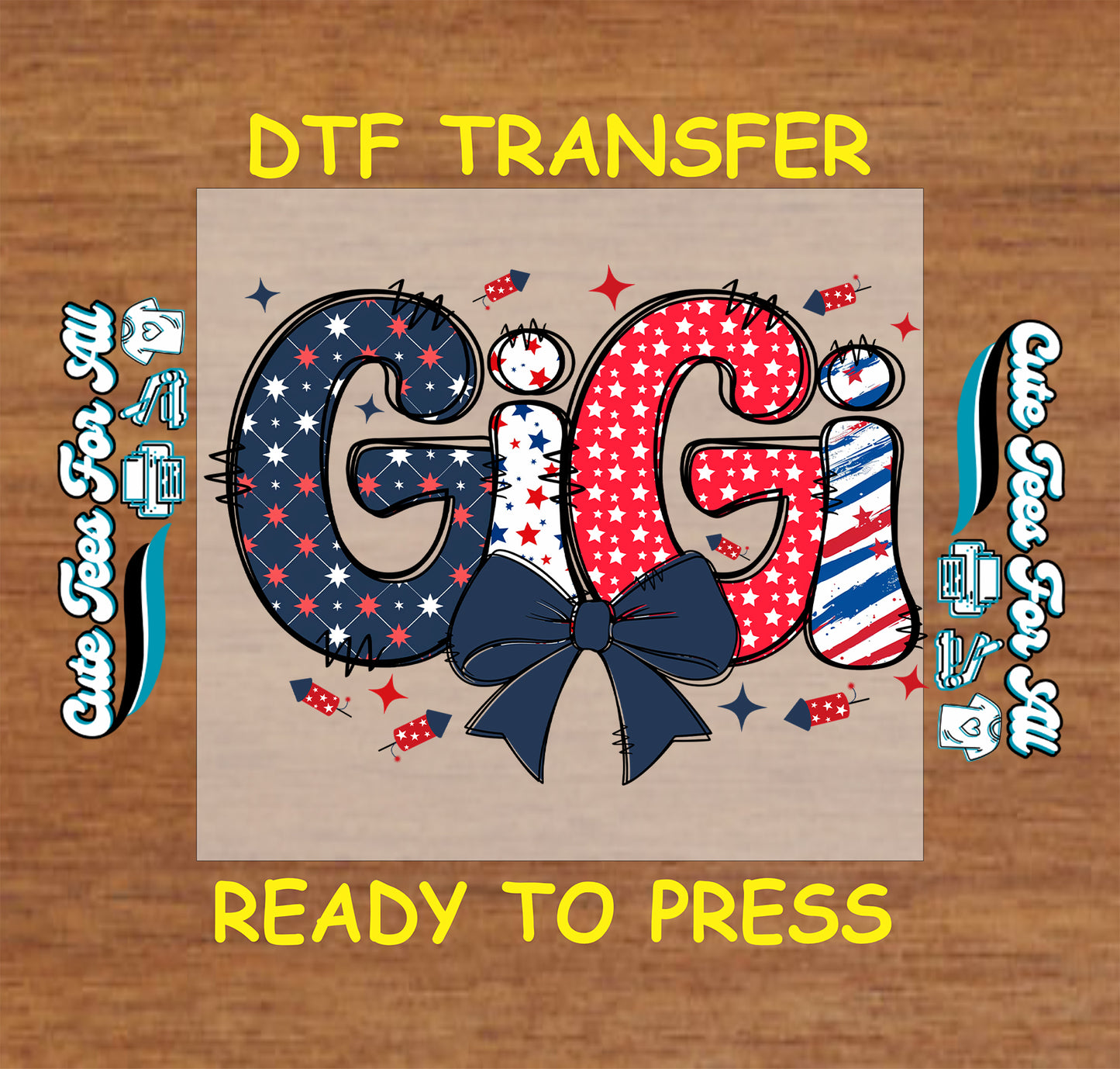 DTF transfer with 'Gigi' design on a wooden background