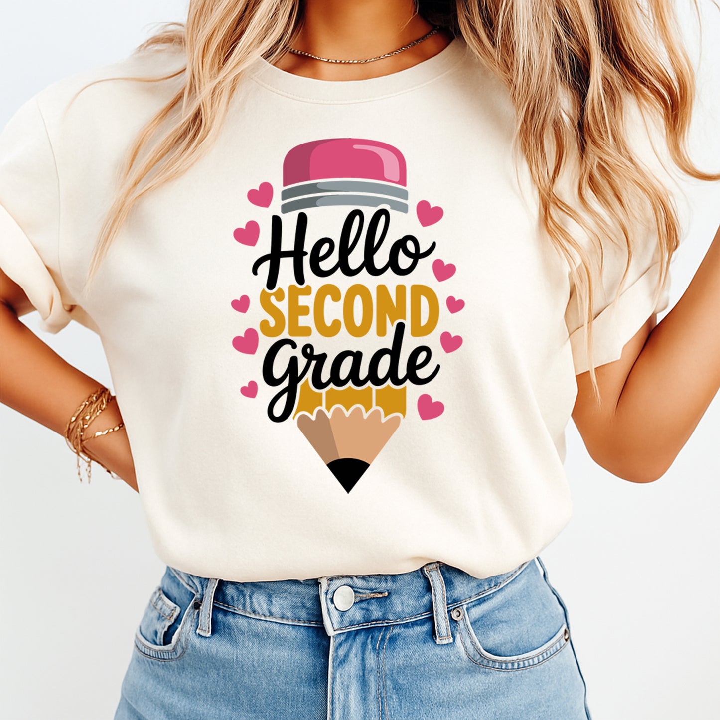 Person wearing a white t-shirt with 'Hello Second Grade' design and a pencil graphic.