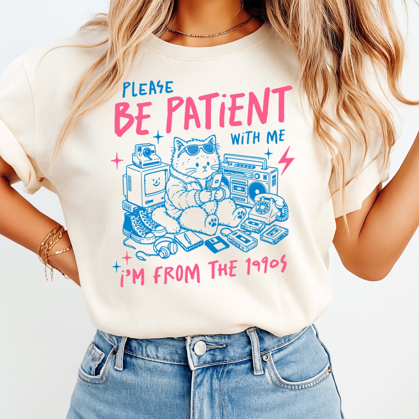 Funny 90s cat DTF transfer shirt with please be patient with me I’m from the 1990s design, ready to press heat transfer for DIY retro shirts