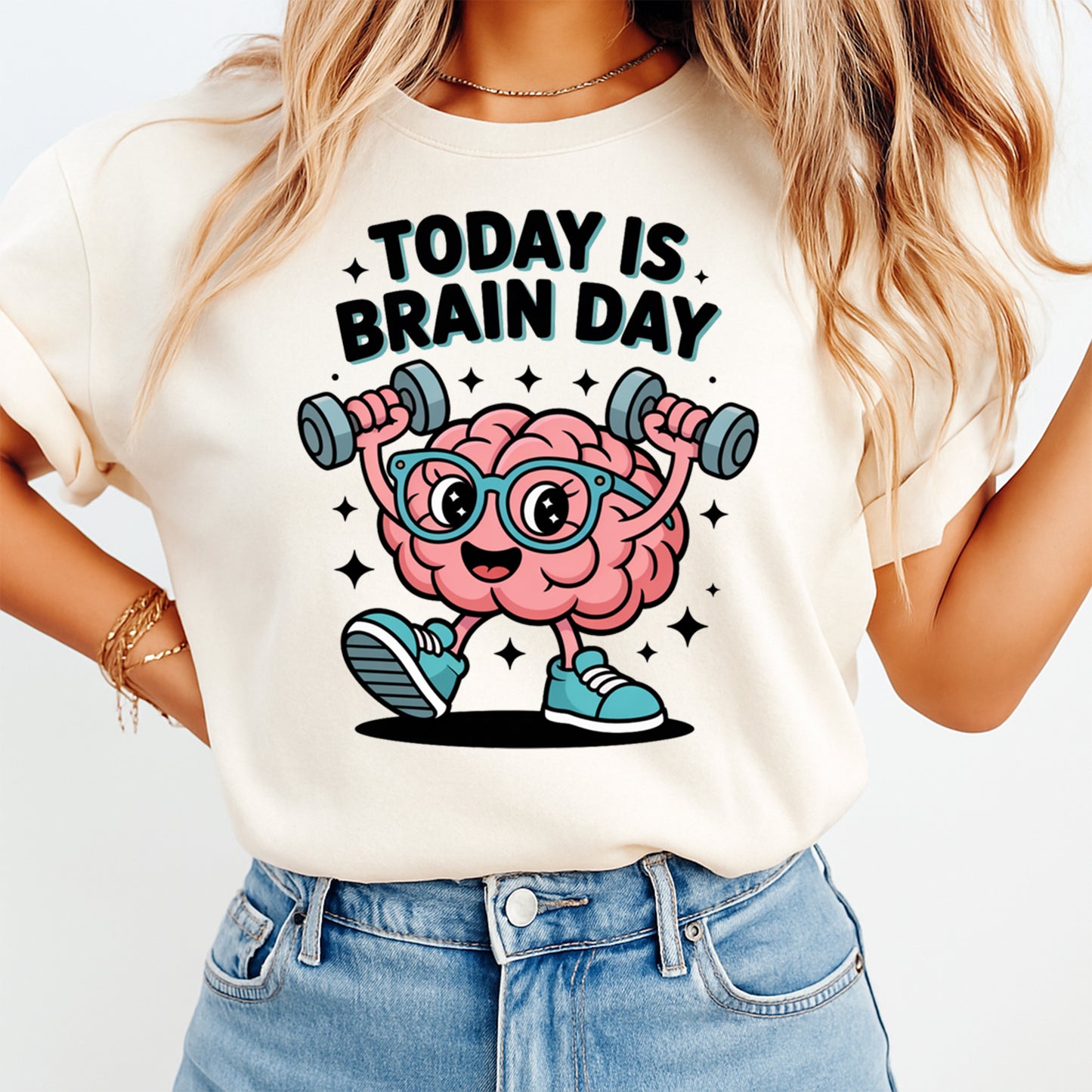 Person wearing a t-shirt with a brain graphic and 'Today is Brain Day' text.