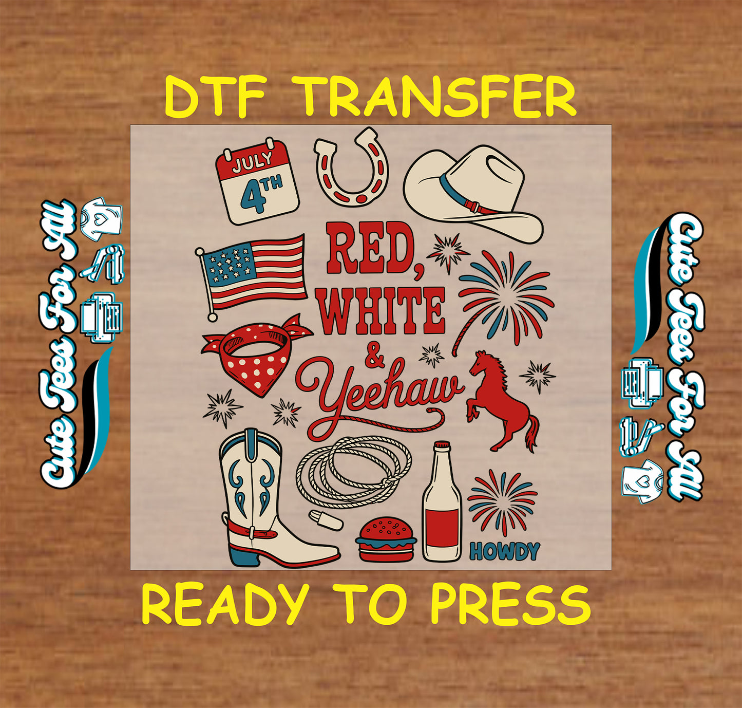 DTF transfer with patriotic graphics on a wooden background