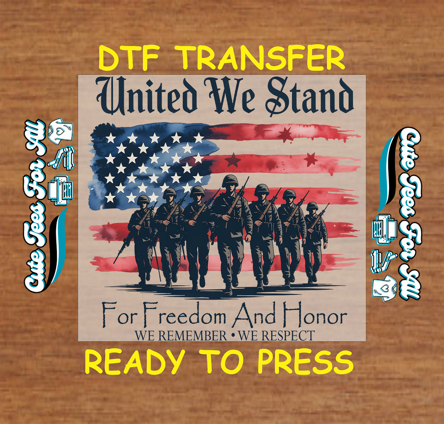 DTF transfer with American flag and soldiers on a wooden background