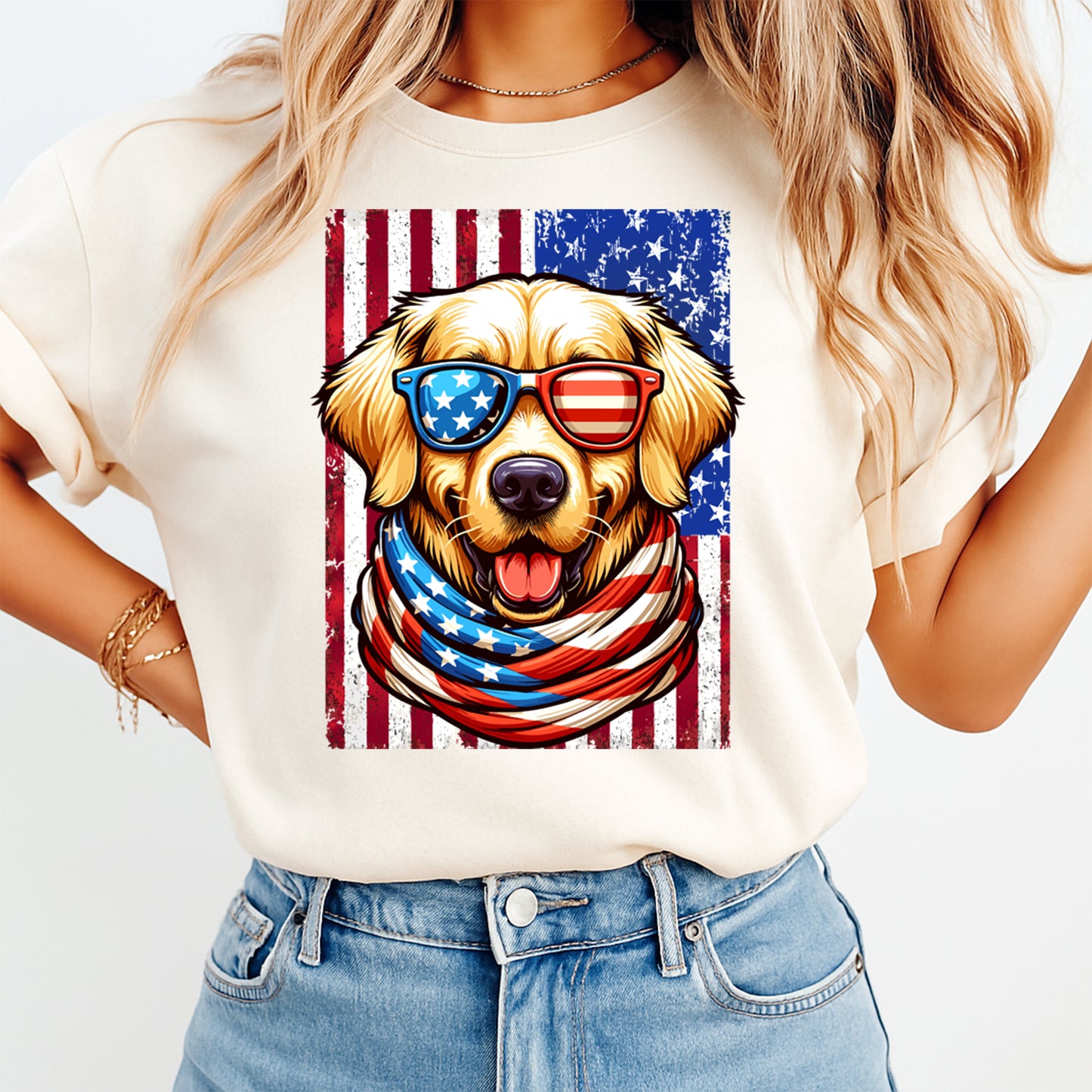 Person wearing a t-shirt with a graphic of a dog wearing sunglasses and an American flag scarf on a white background.