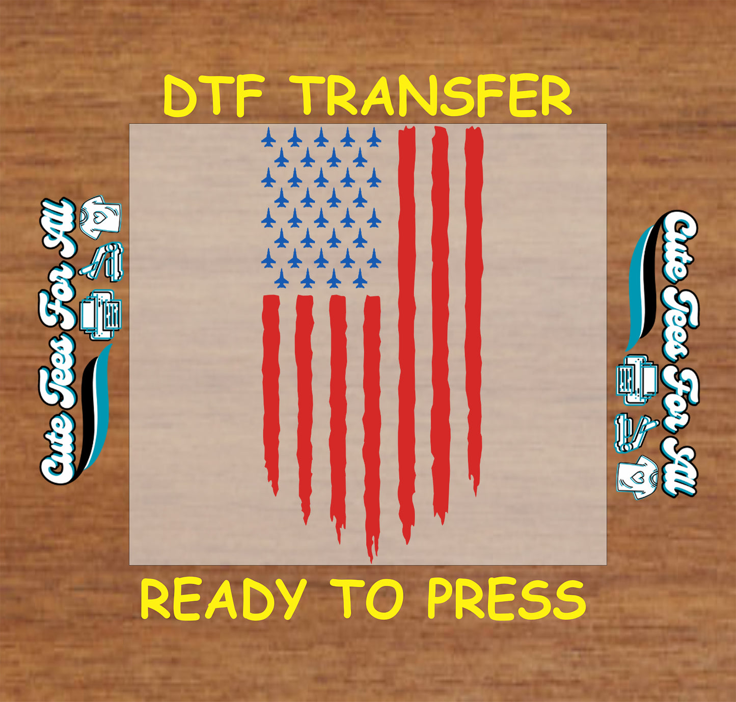 American flag Fourth of July DTF transfer with blue fighter jet silhouettes, distressed red stripes, and patriotic military inspired design.