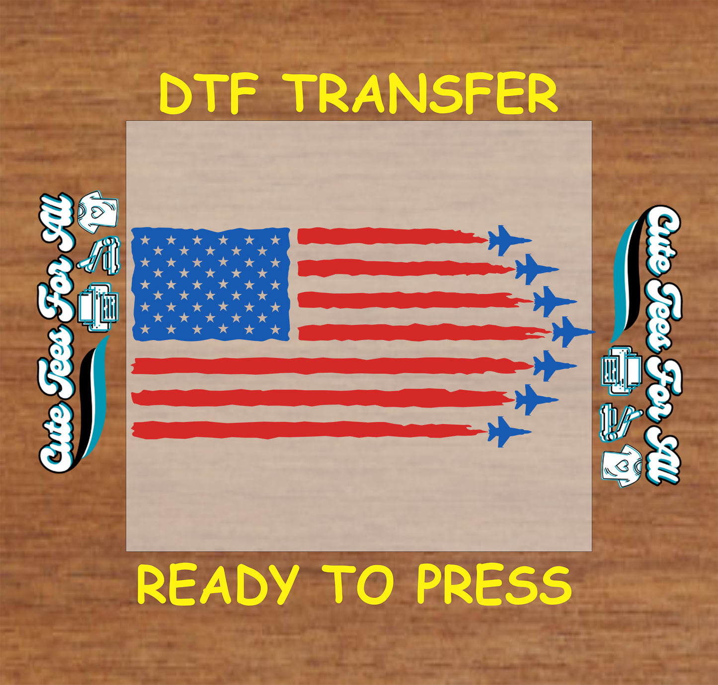 American flag Fourth of July DTF transfer with red stripes, blue star field, and blue fighter jet silhouettes for patriotic DIY shirts.