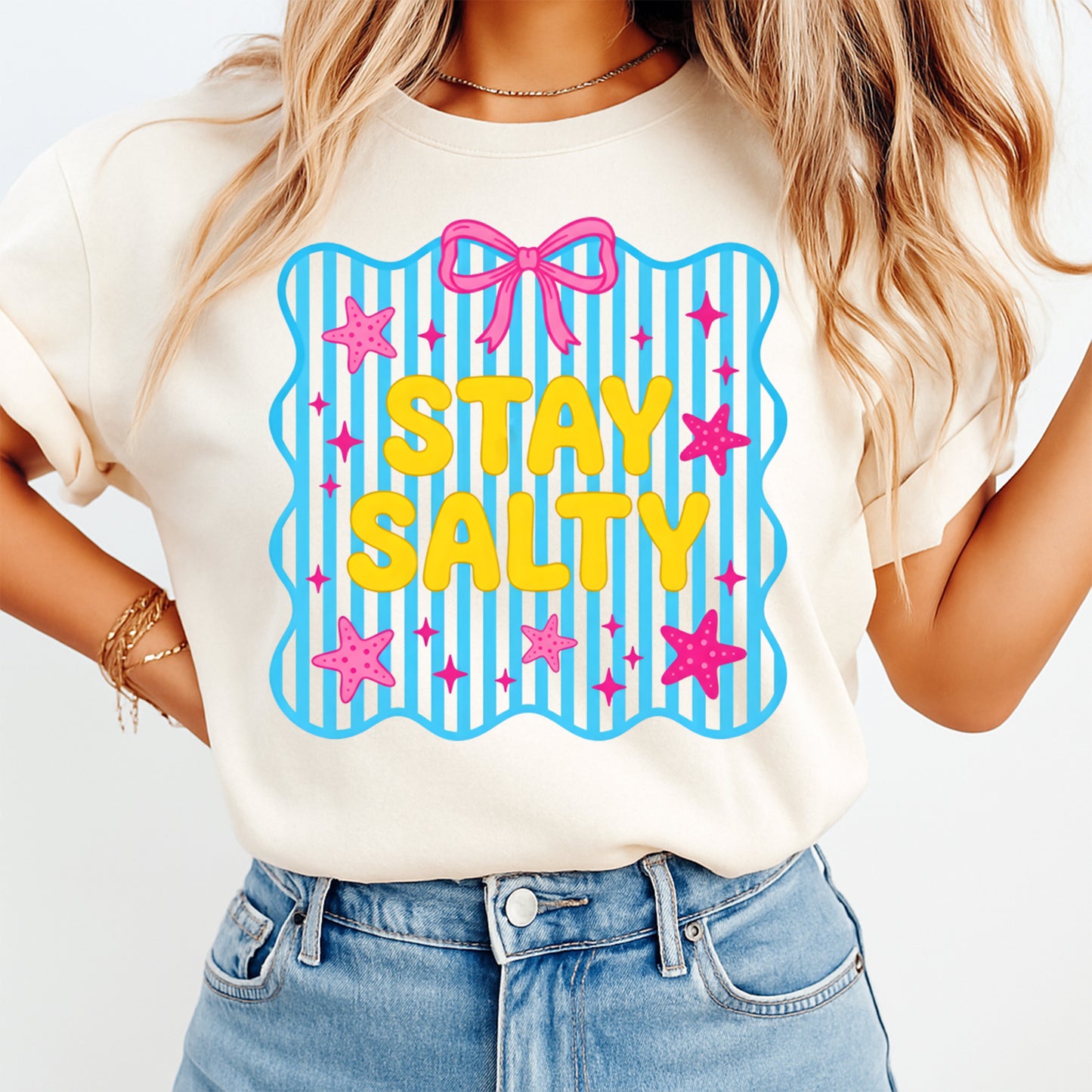 Real lifestyle mockup of a summer Stay Salty DTF transfer on a shirt, ready to press beach iron on design for DIY vacation shirts