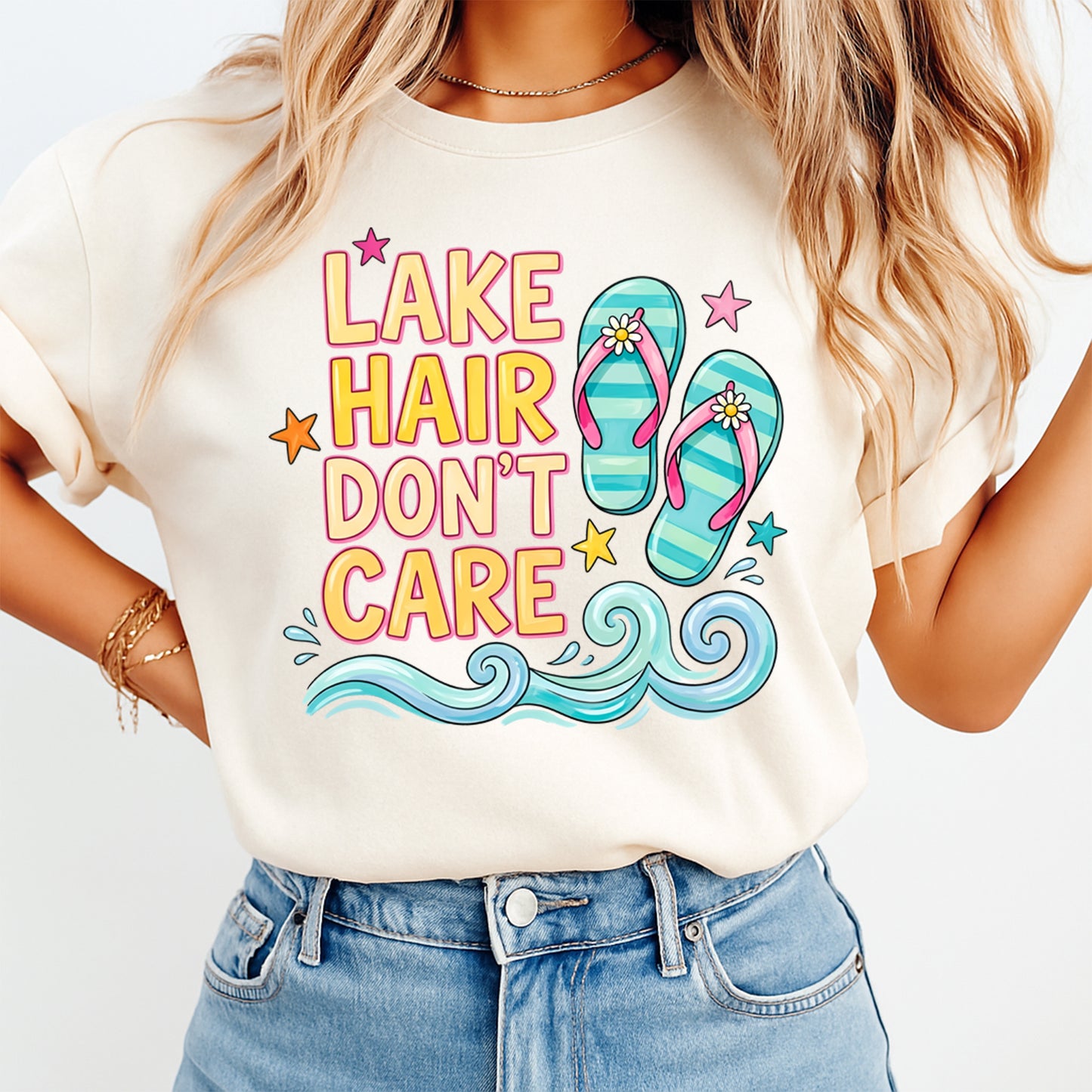 Person wearing a t-shirt with 'Lake Hair Don't Care' text and flip-flop design.