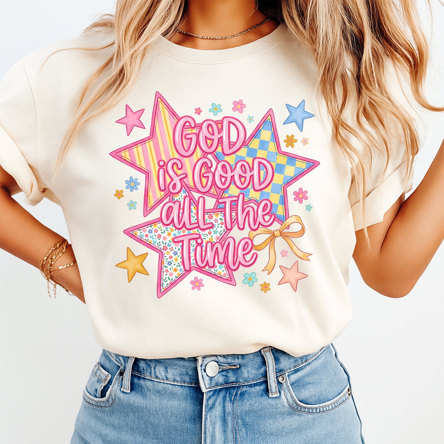 Real lifestyle mockup of a God Is Good All The Time DTF transfer on a shirt, ready to press faith iron on design for DIY shirts