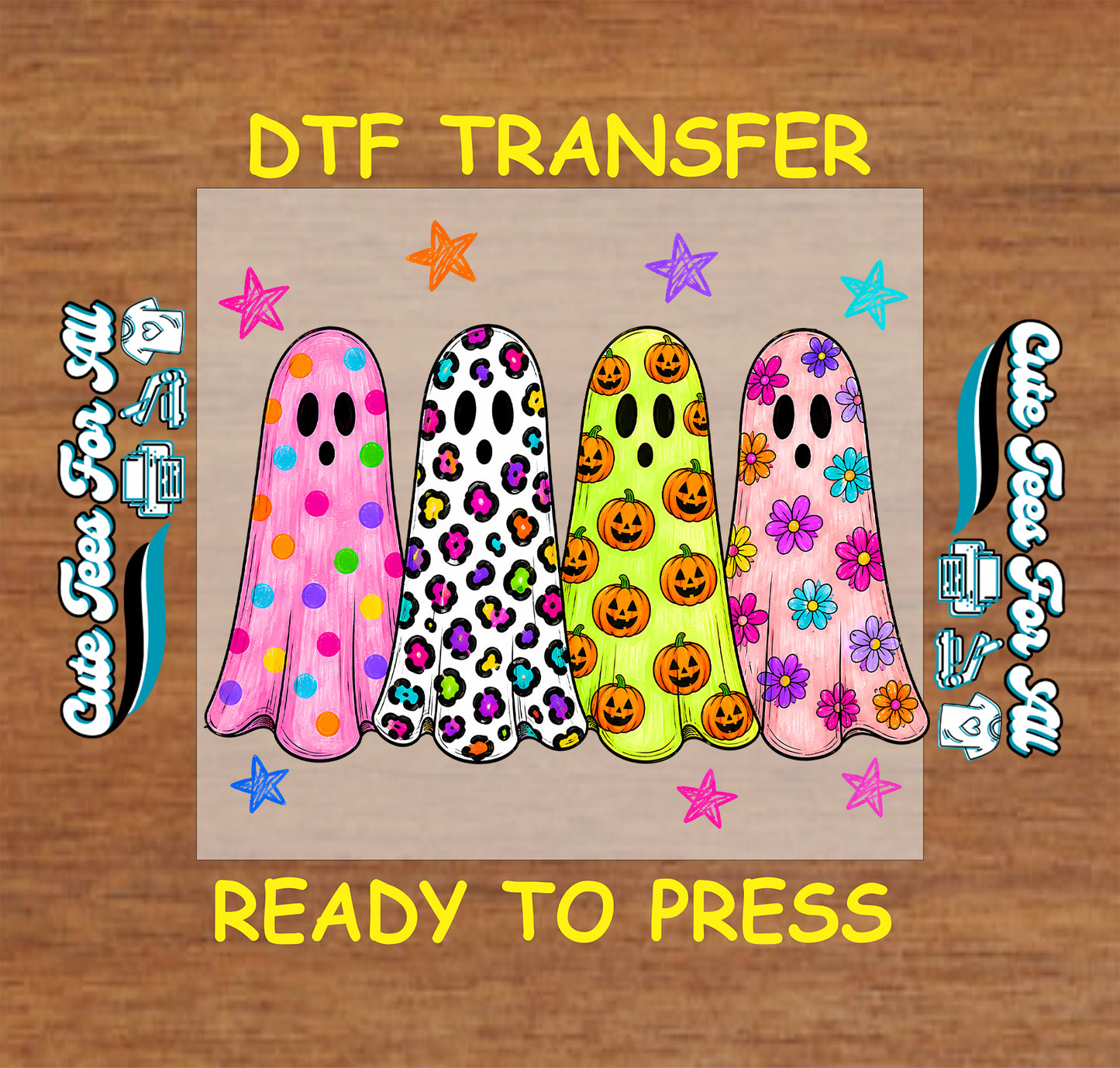 A DTF transfer design featuring four cartoon ghosts decorated with Halloween patterns like polka dots, leopard print, pumpkins, and flowers, set on a tan background with decorative text reading 'DTF TRANSFER' and 'READY TO PRESS' on a wood texture background.