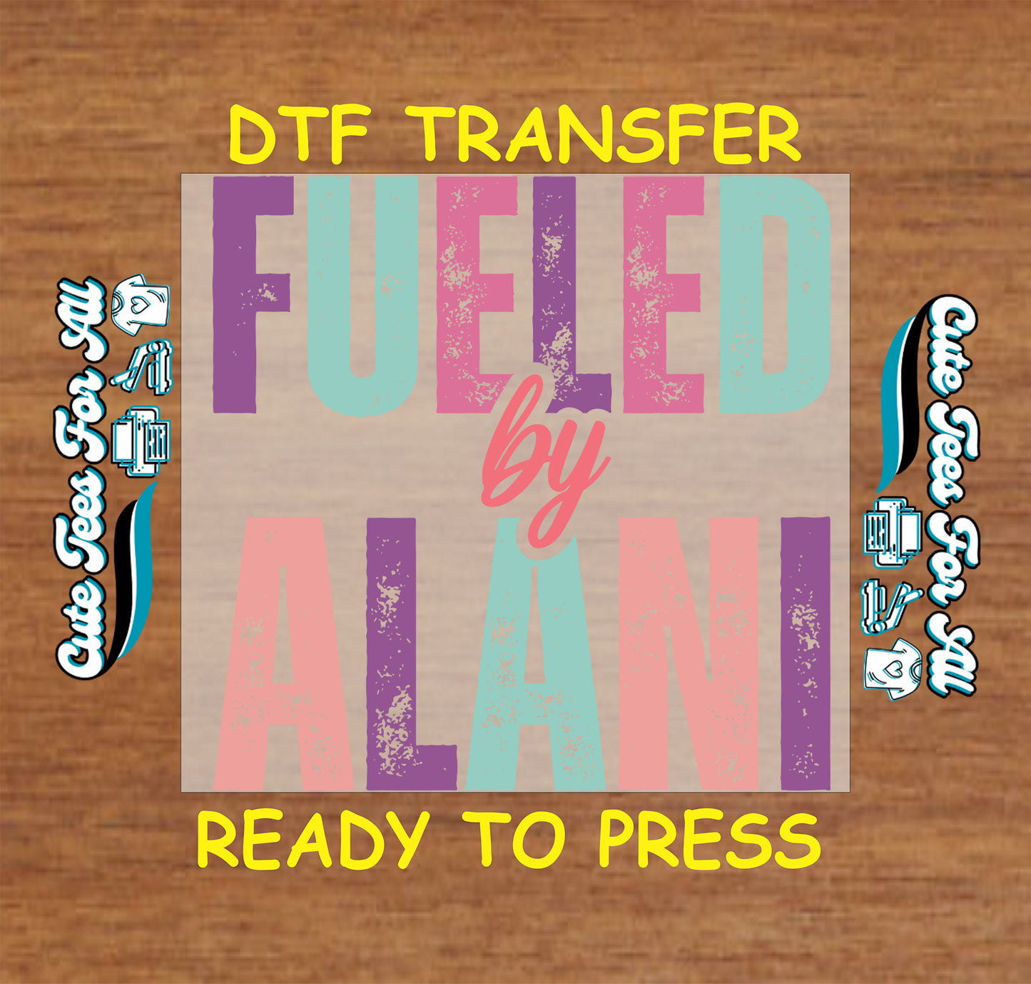 Colorful Fueled by Alani energy drink ready-to-press DTF transfer mock up
