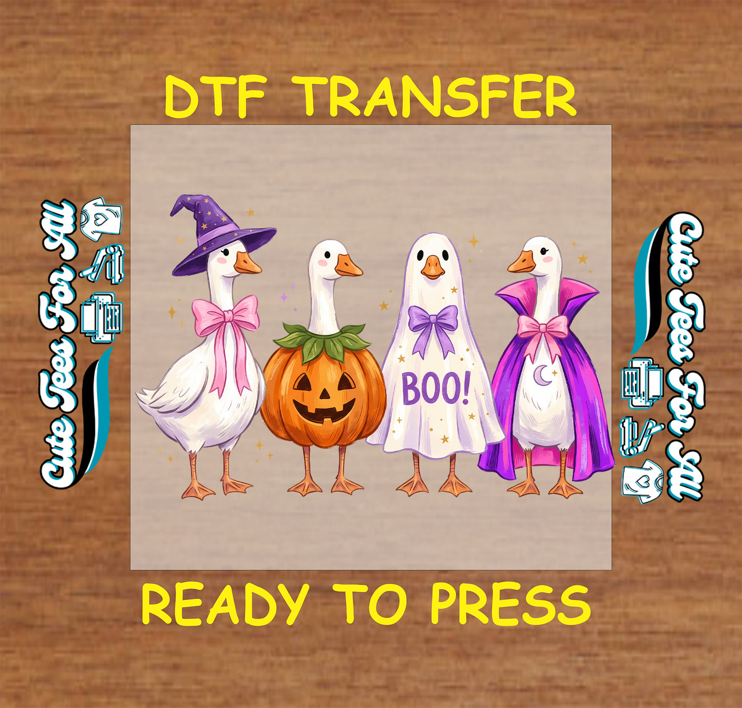 Halloween-themed DTF transfer design featuring four cartoon geese in costumes: a witch goose with a purple hat and pink bow, a pumpkin goose, a ghost goose with a purple BOO! bow, and a vampire goose in a purple cape with a pink bow. The design is centered on a wood-textured background with yellow text reading 'DTF TRANSFER' and 'READY TO PRESS'.