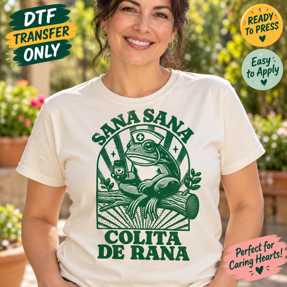 Sana Sana Colita de Rana DTF Transfer – Spanish Nurse Frog mock up
