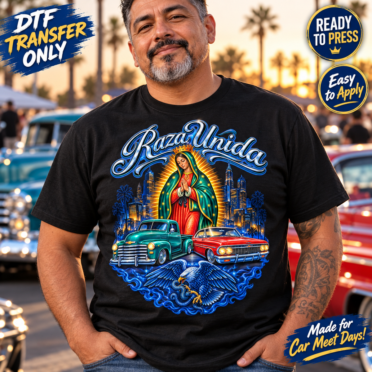 Mexican Raza Unida DTF Transfer – Guadalupe and Lowriders mock up