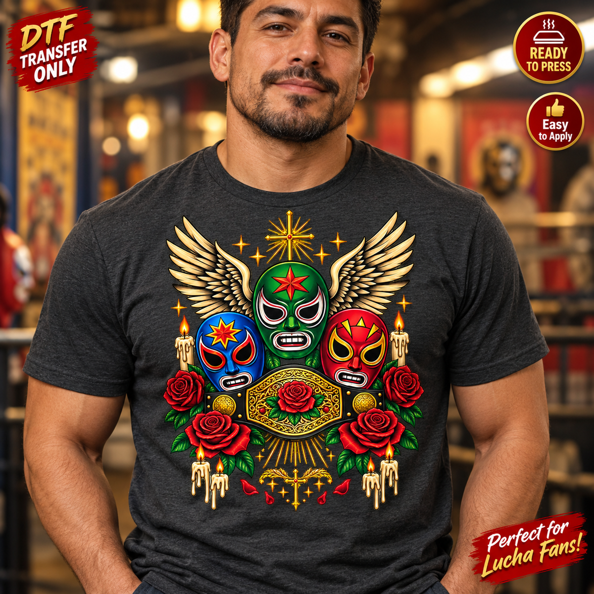 Lucha Libre Wrestling DTF Transfer – Masks and Championship Belt 15347