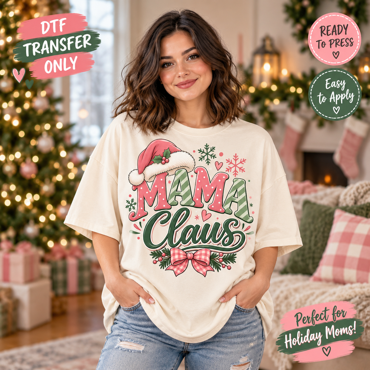 Christmas Mama Claus DTF Transfer – Pink Bow and Santa Hat 15398