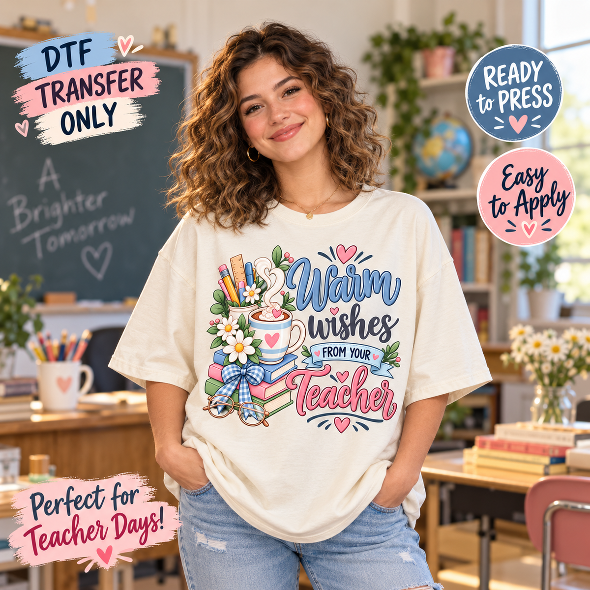 Warm Wishes From Your Teacher DTF Transfer – Books and Mug shirt mock up
