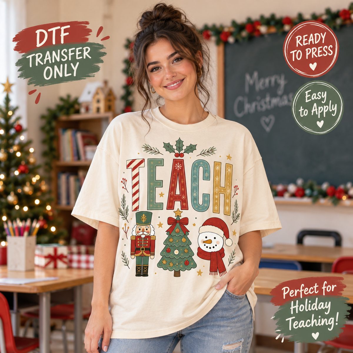 Christmas TEACH DTF Transfer – Nutcracker Tree and Snowman shirt mock up