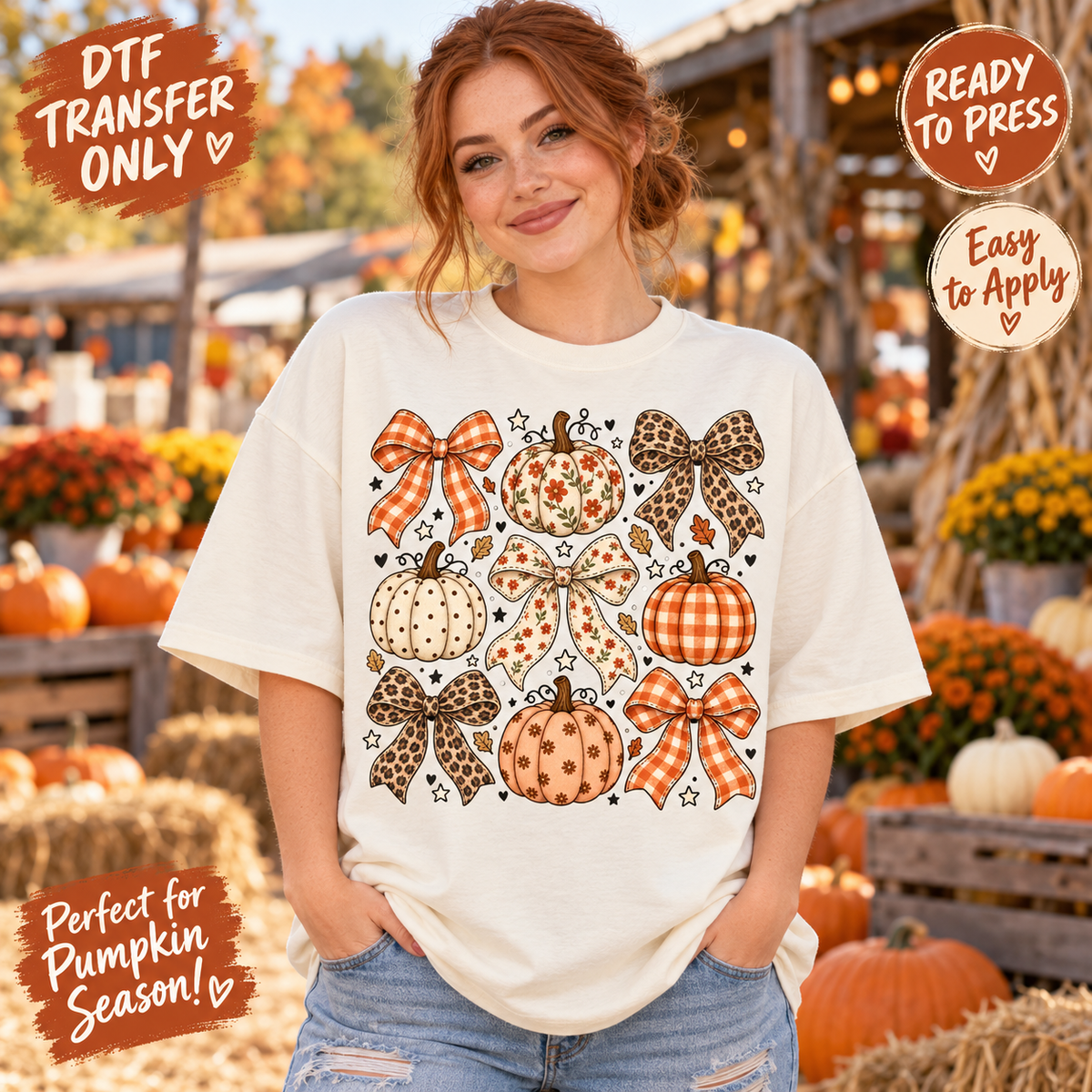 Fall Pumpkins & Patterned Bows DTF Transfer SHIRT MOCK UP