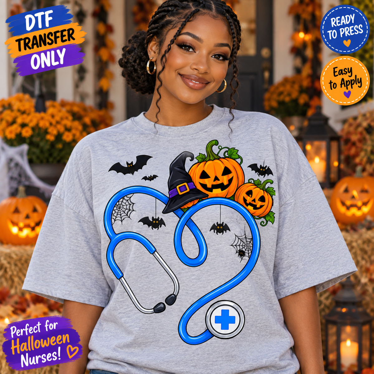 Halloween Pumpkin Stethoscope Nurse DTF Transfer shirt mock up
