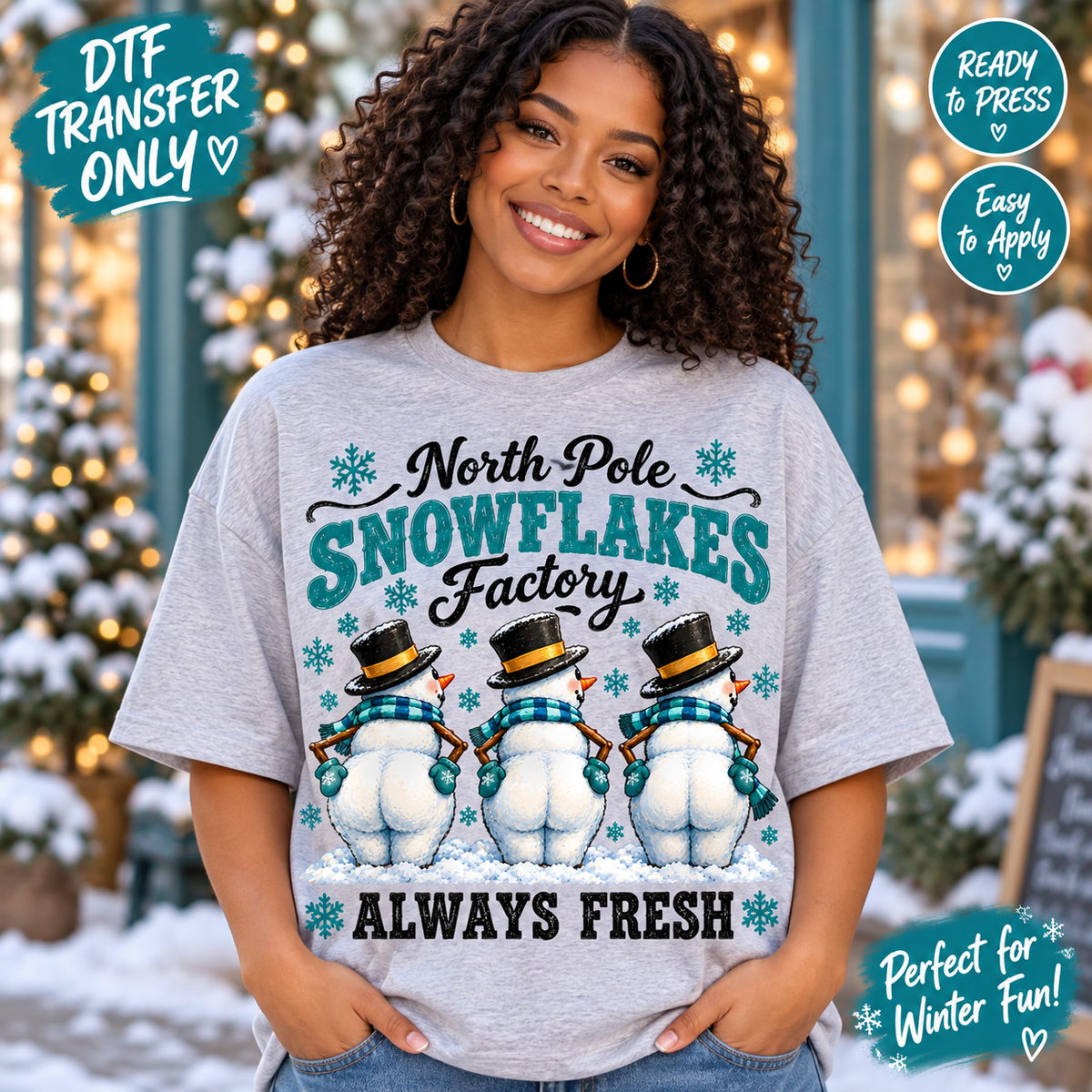 North Pole Snowflakes Factory Snowman DTF Transfer 15449