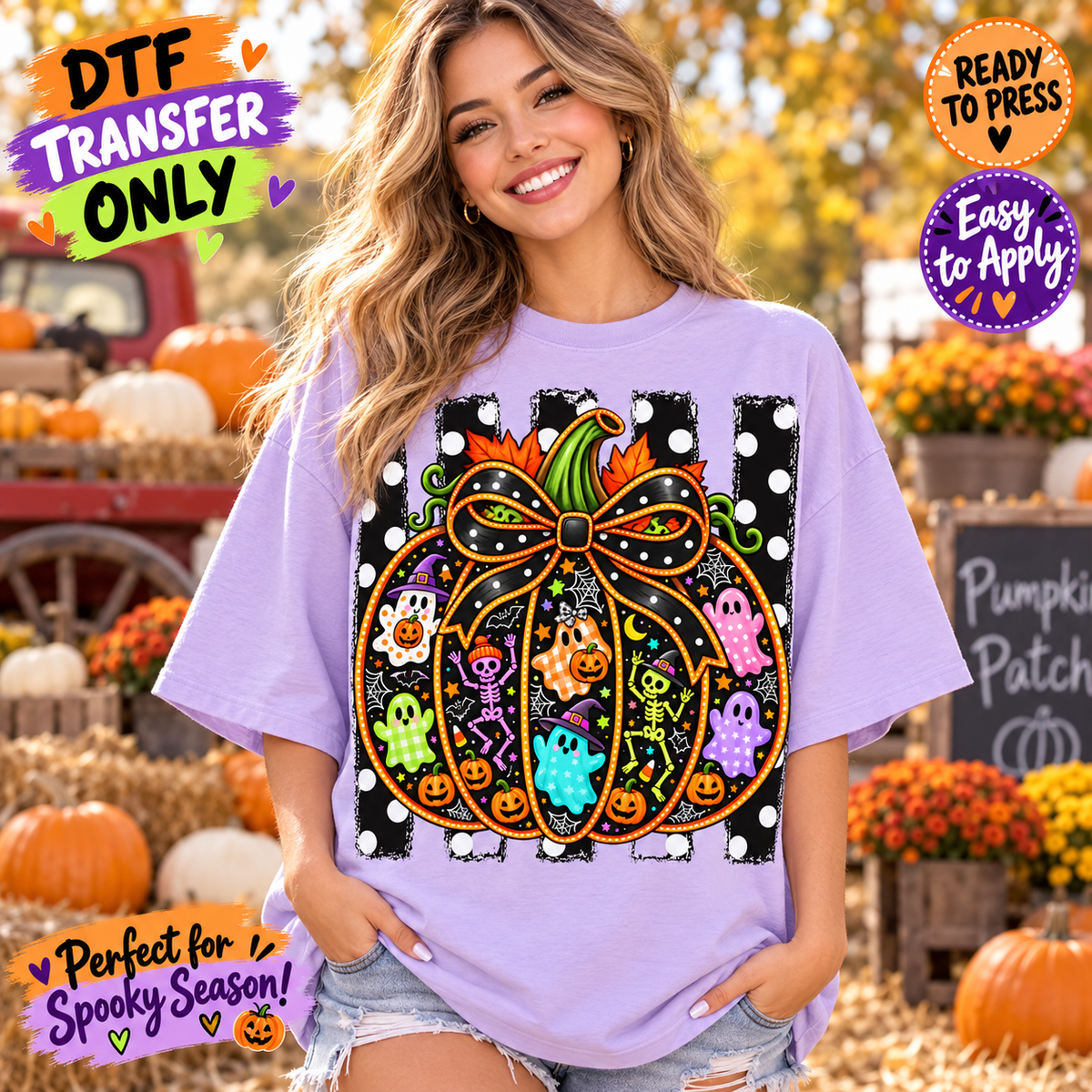 Colorful Halloween Ghost Pumpkin & Bow DTF Transfer 15470