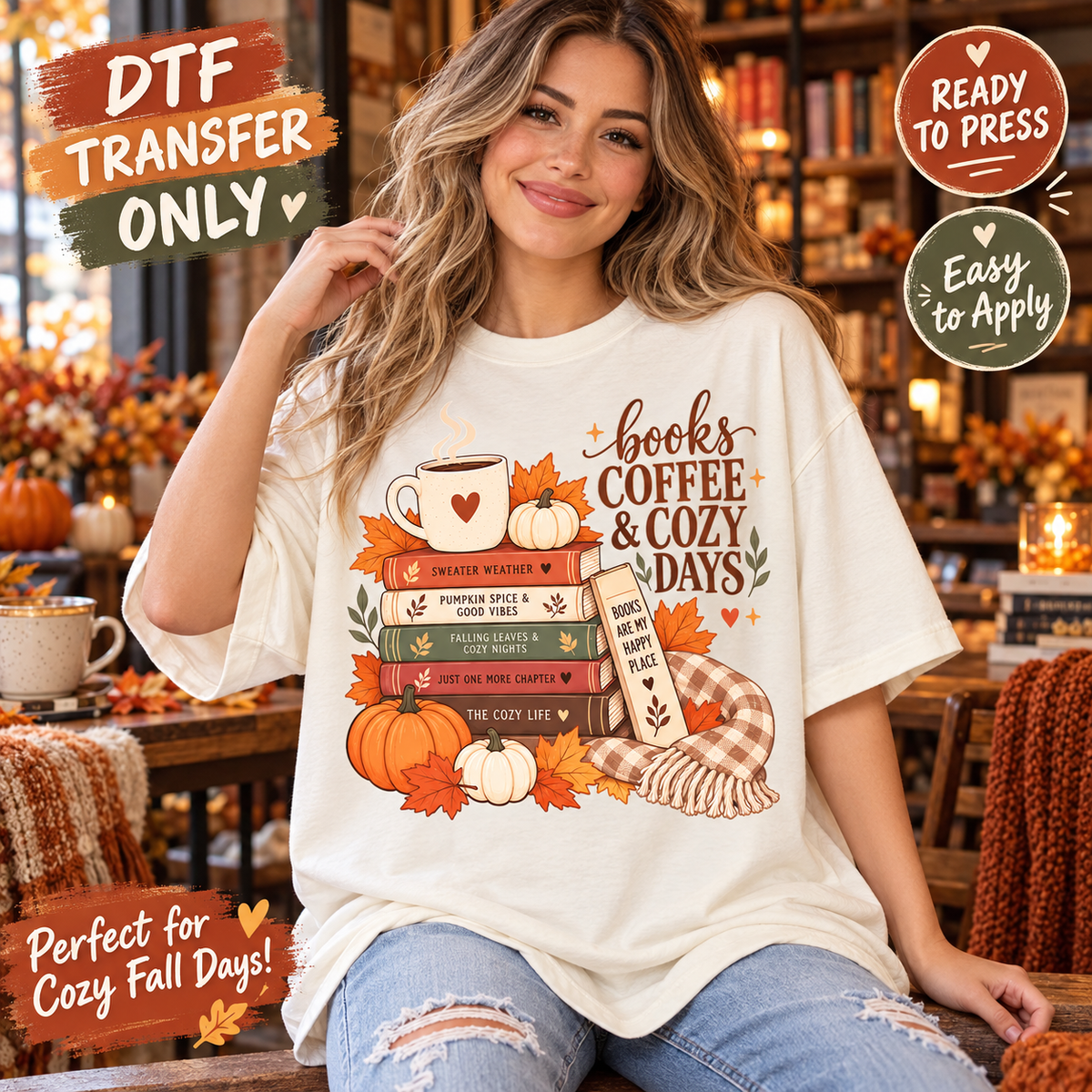 Books Coffee & Cozy Days Fall DTF Transfer 15472