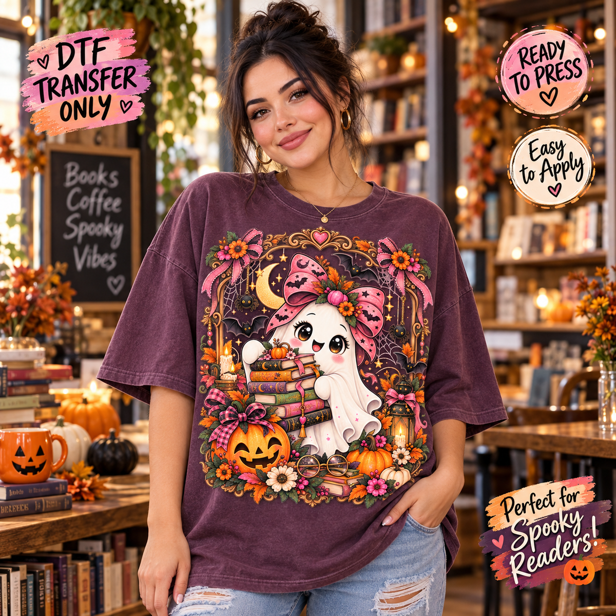 Pink Bow Book Lover Ghost Halloween DTF Transfer shirt mock up