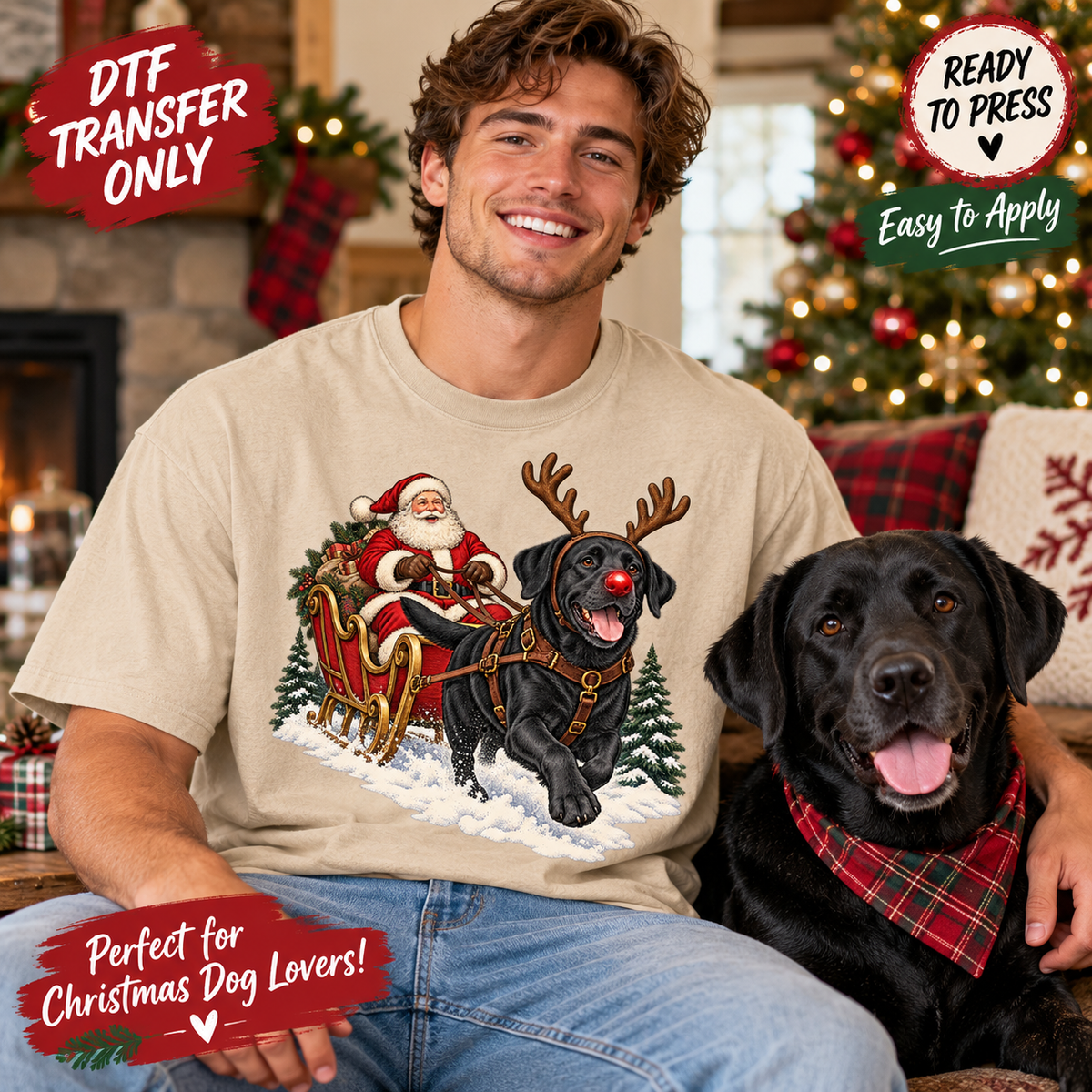 Black Labrador Christmas DTF Transfer – Santa Sleigh 15508