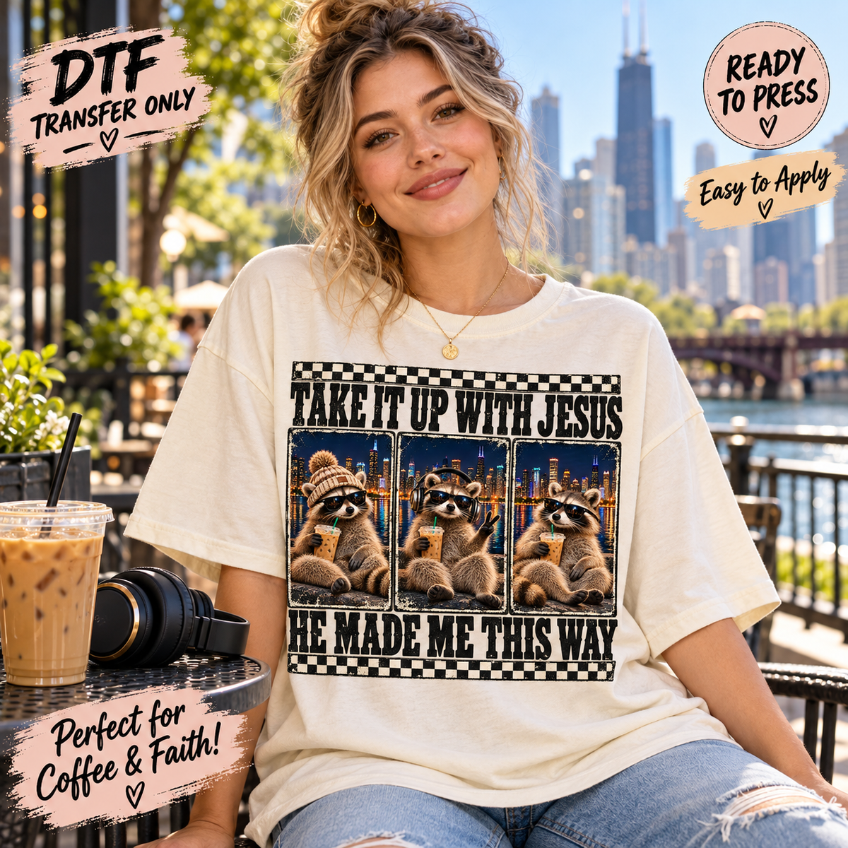 Take It Up With Jesus DTF Transfer – Funny Coffee Raccoons shirt mock up