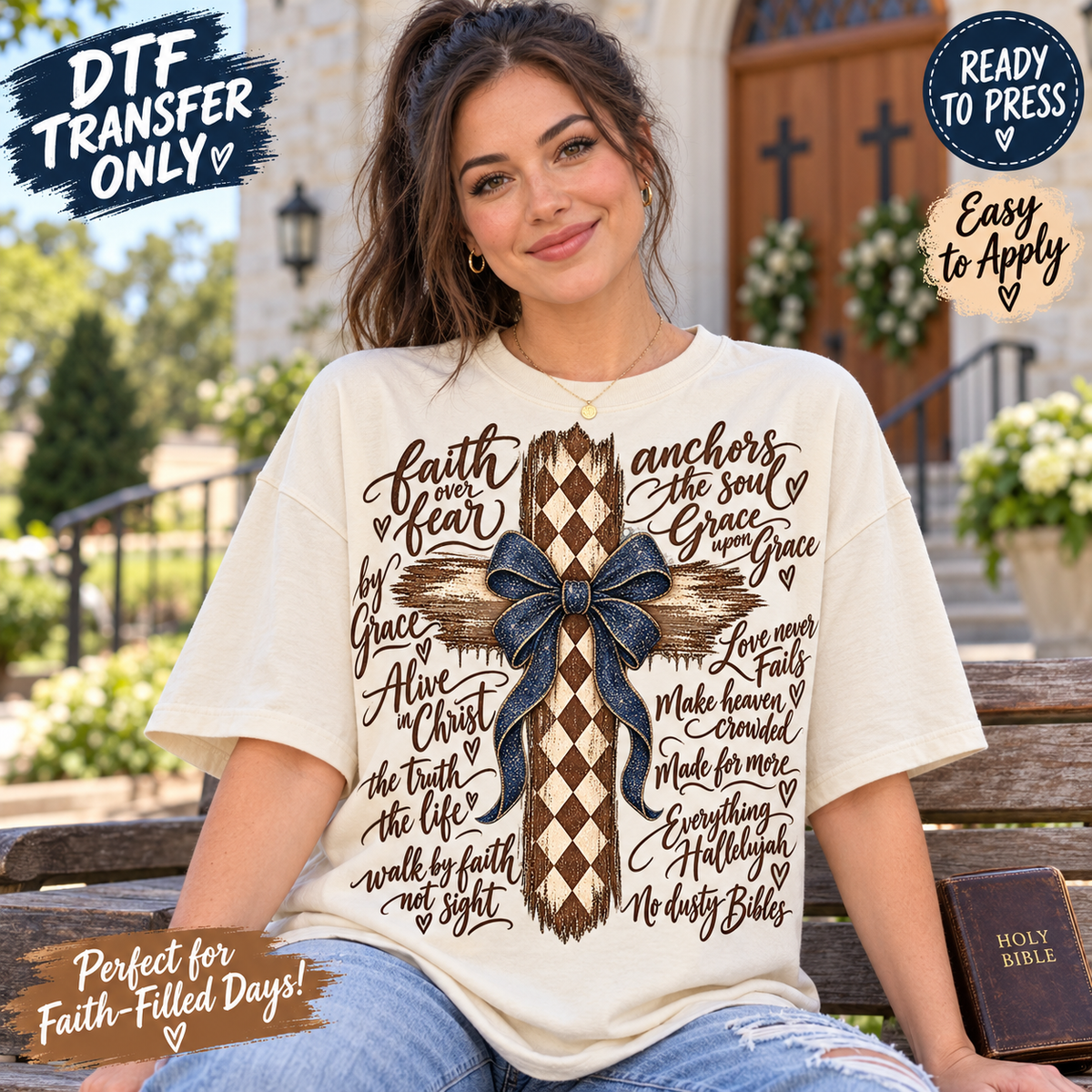 Faith Cross DTF Transfer – Christian Patchwork and Blue Bow 15512