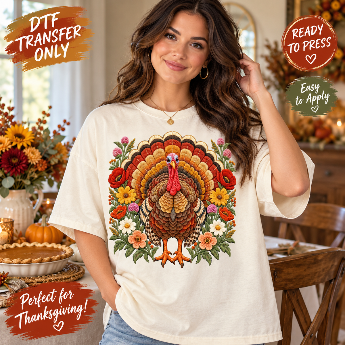Floral Turkey Thanksgiving DTF Transfer – Autumn Flowers 15517