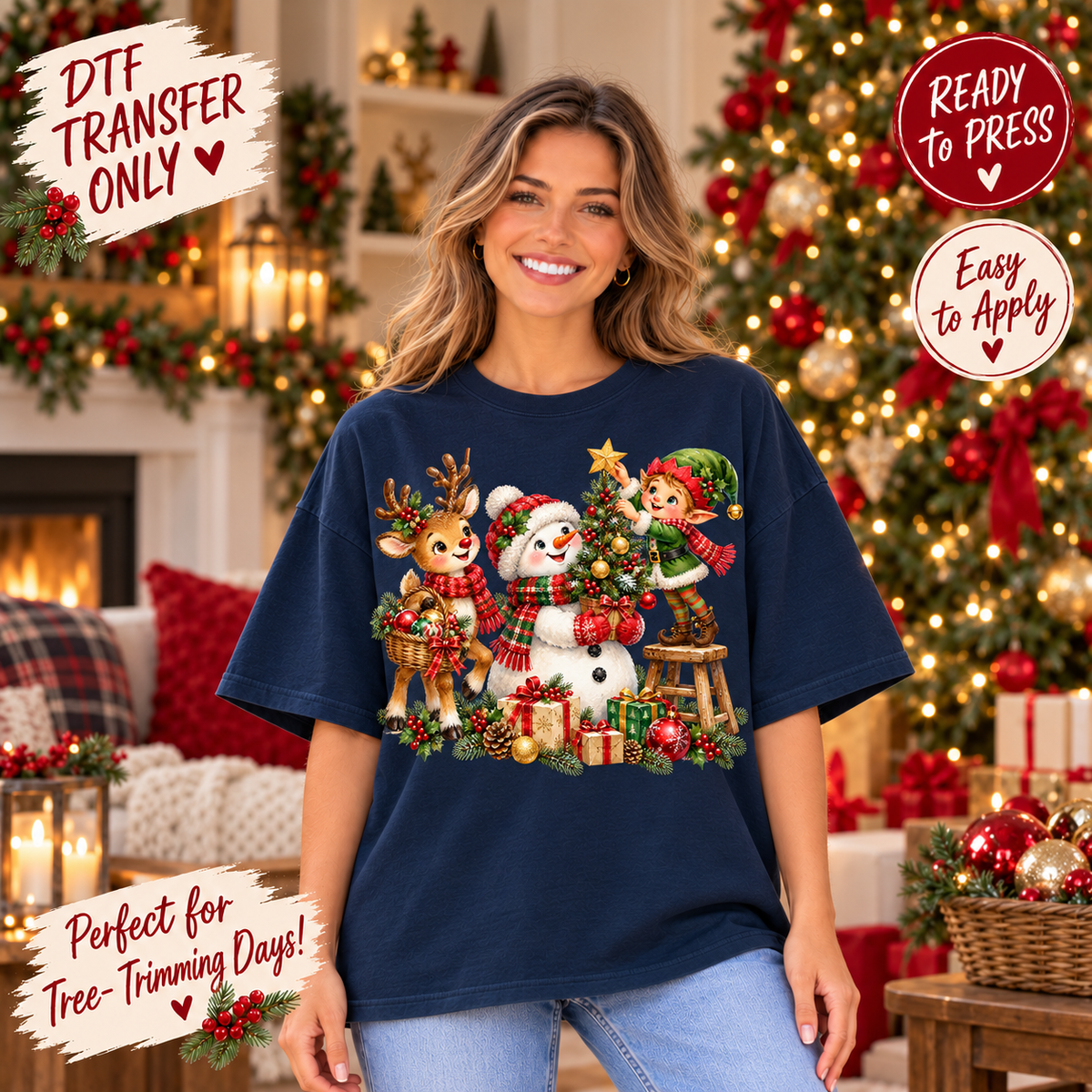 Christmas Tree Trimming Reindeer Snowman Elf DTF Transfer 15628