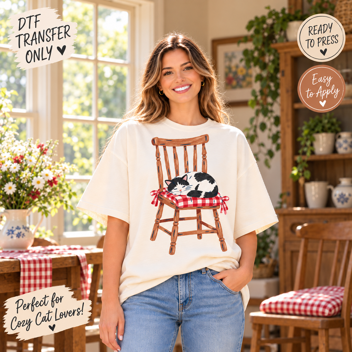 Cozy Christmas Cat DTF Transfer - Wooden Chair 15655