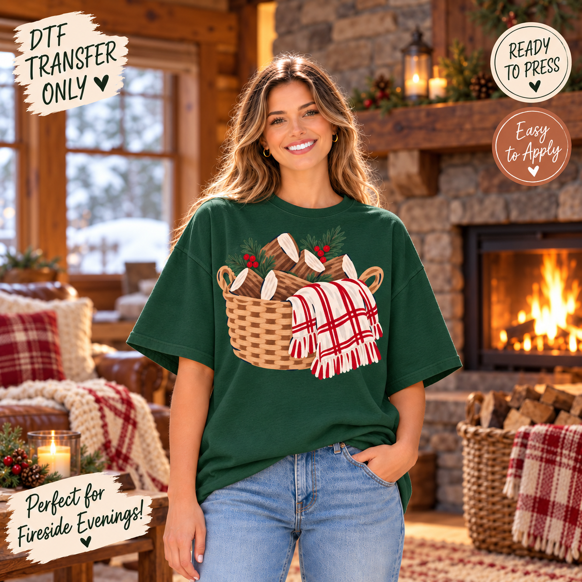 Cozy Winter Firewood Basket DTF Transfer - Plaid Blanket 15657