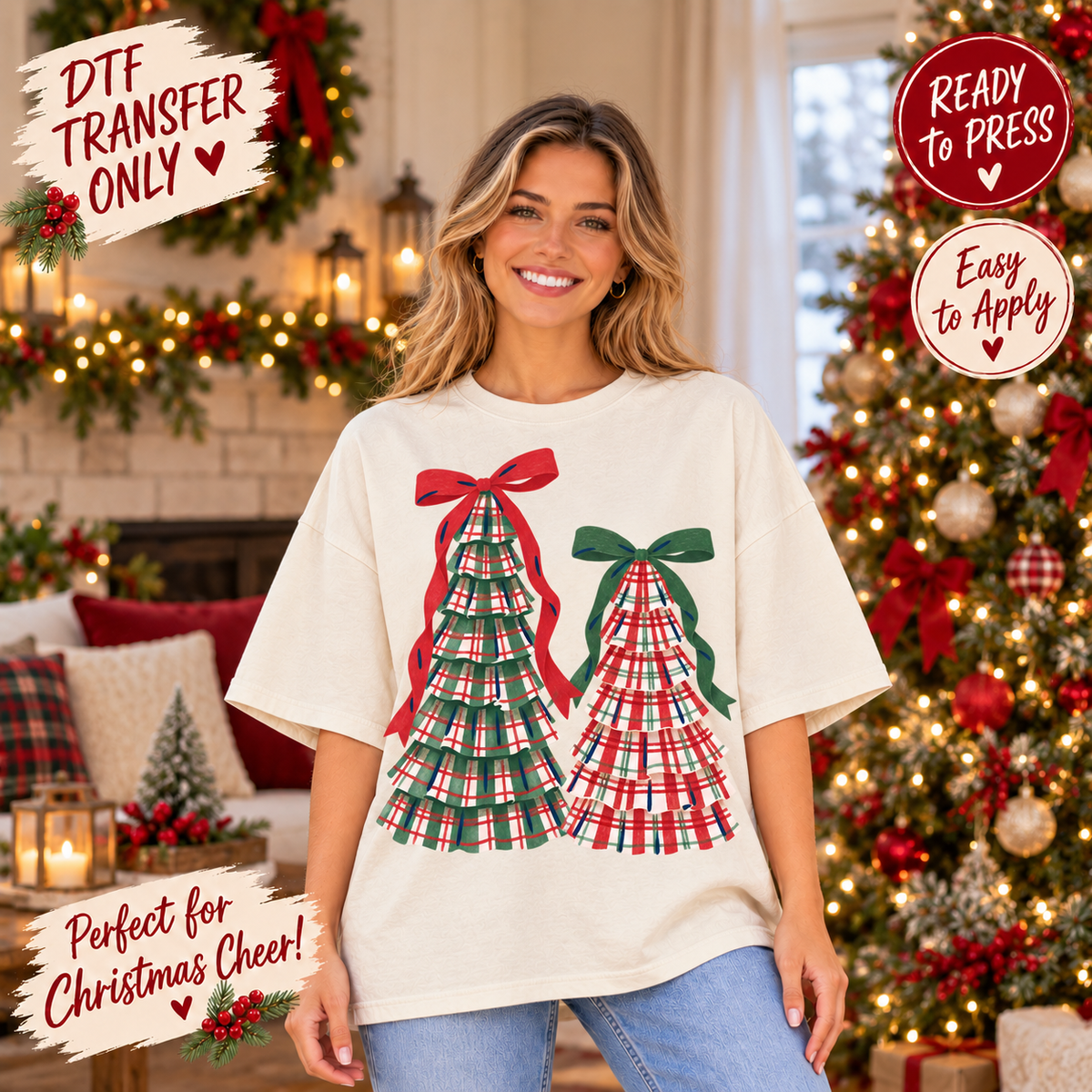 Plaid Christmas Trees with Bows DTF Transfer 15661