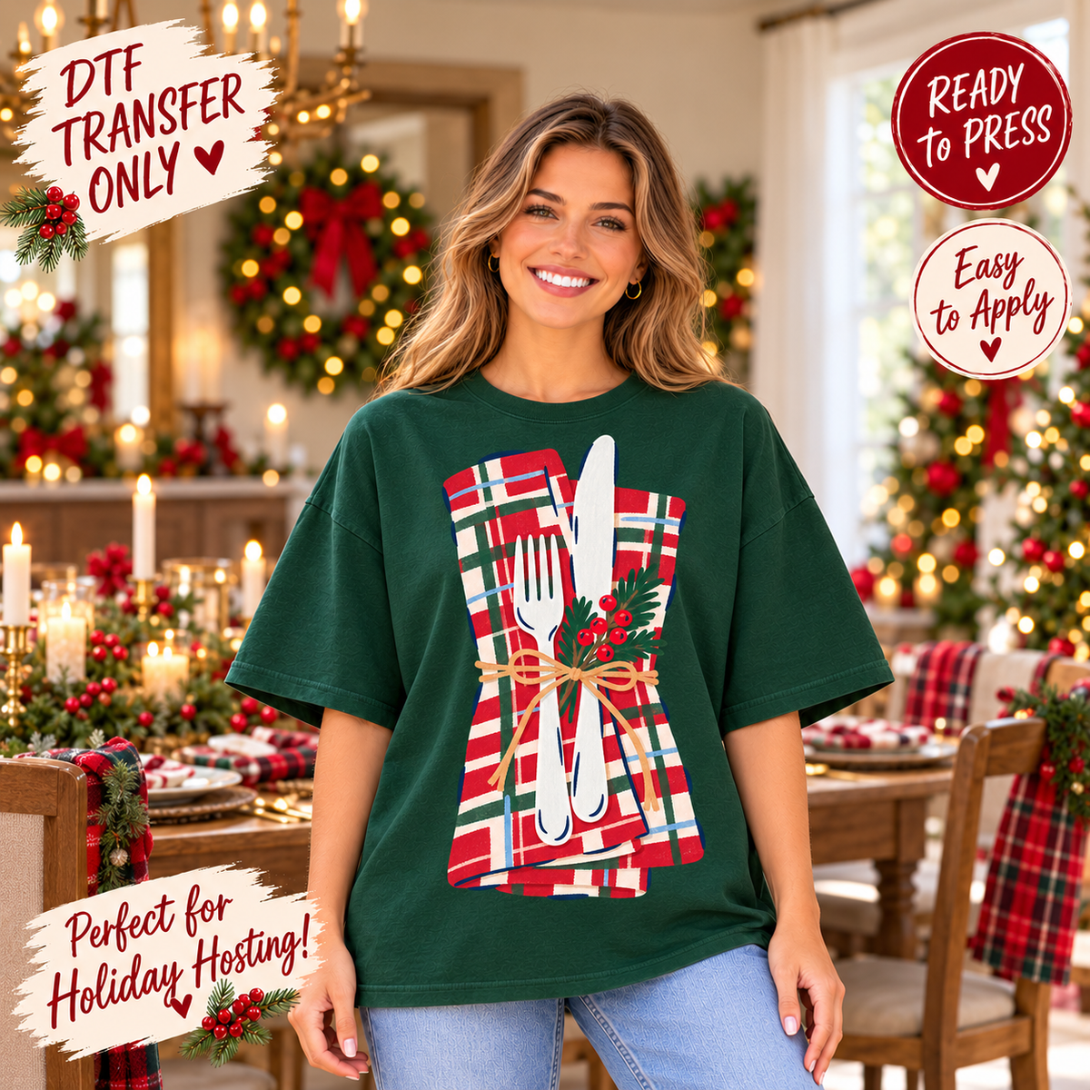 Christmas Plaid Cutlery DTF Transfer - Holiday Hosting 15662